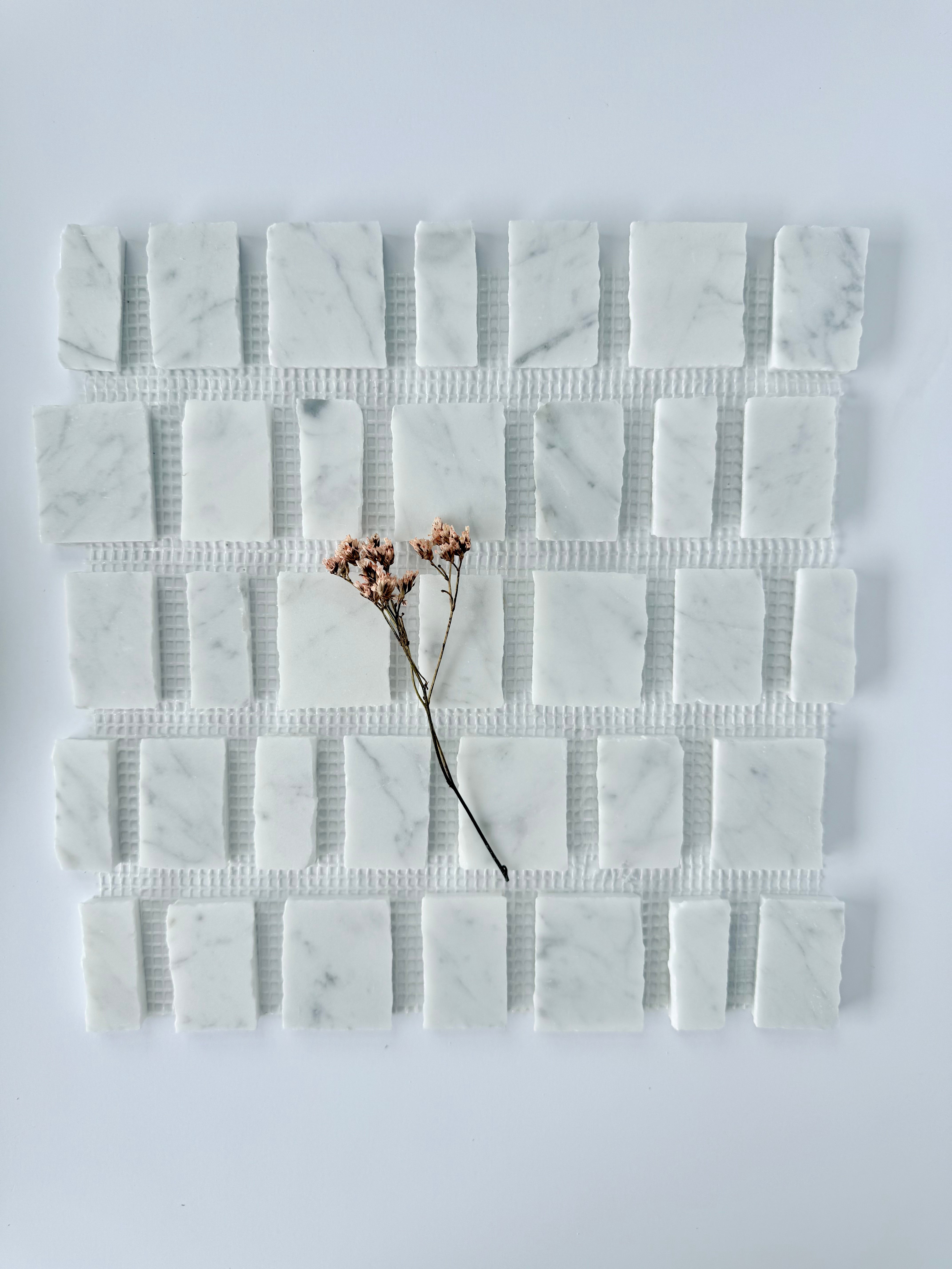 Scarpa I Carrara Mosaic Marble Mesh by New York Cement Tile: Italian-inspired grid tiles with a small dried flower center.