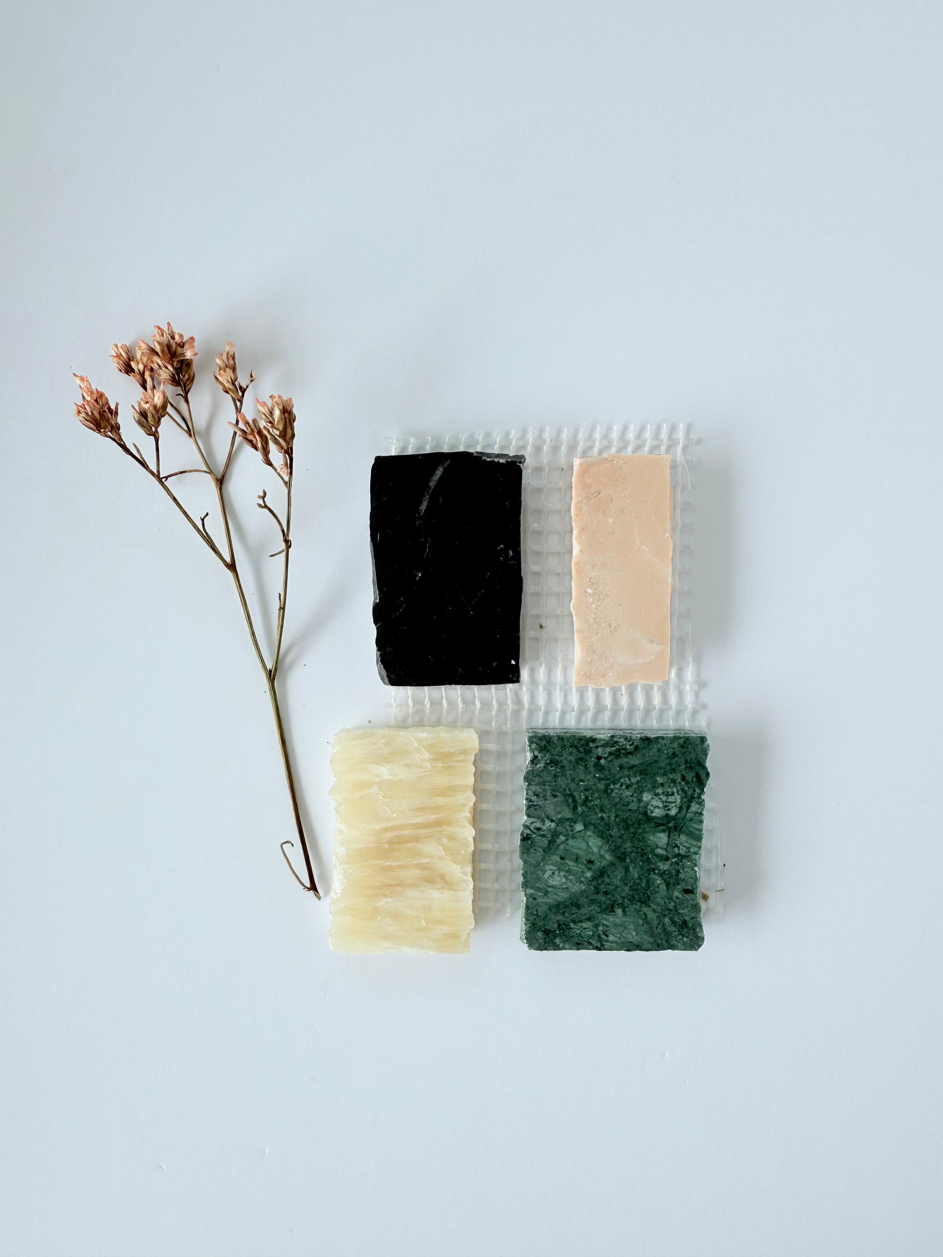 Scarpa I Multicolors Mosaic Marble Mesh by New York Cement Tile: four bold Italian-inspired tiles with mesh backing on white.