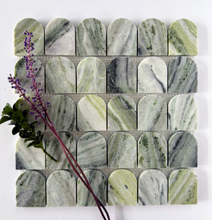 Scarpa I Green Vibes Arch Mosaic by New York Cement Tile: green & white marble mesh with floral Italian-inspired design.