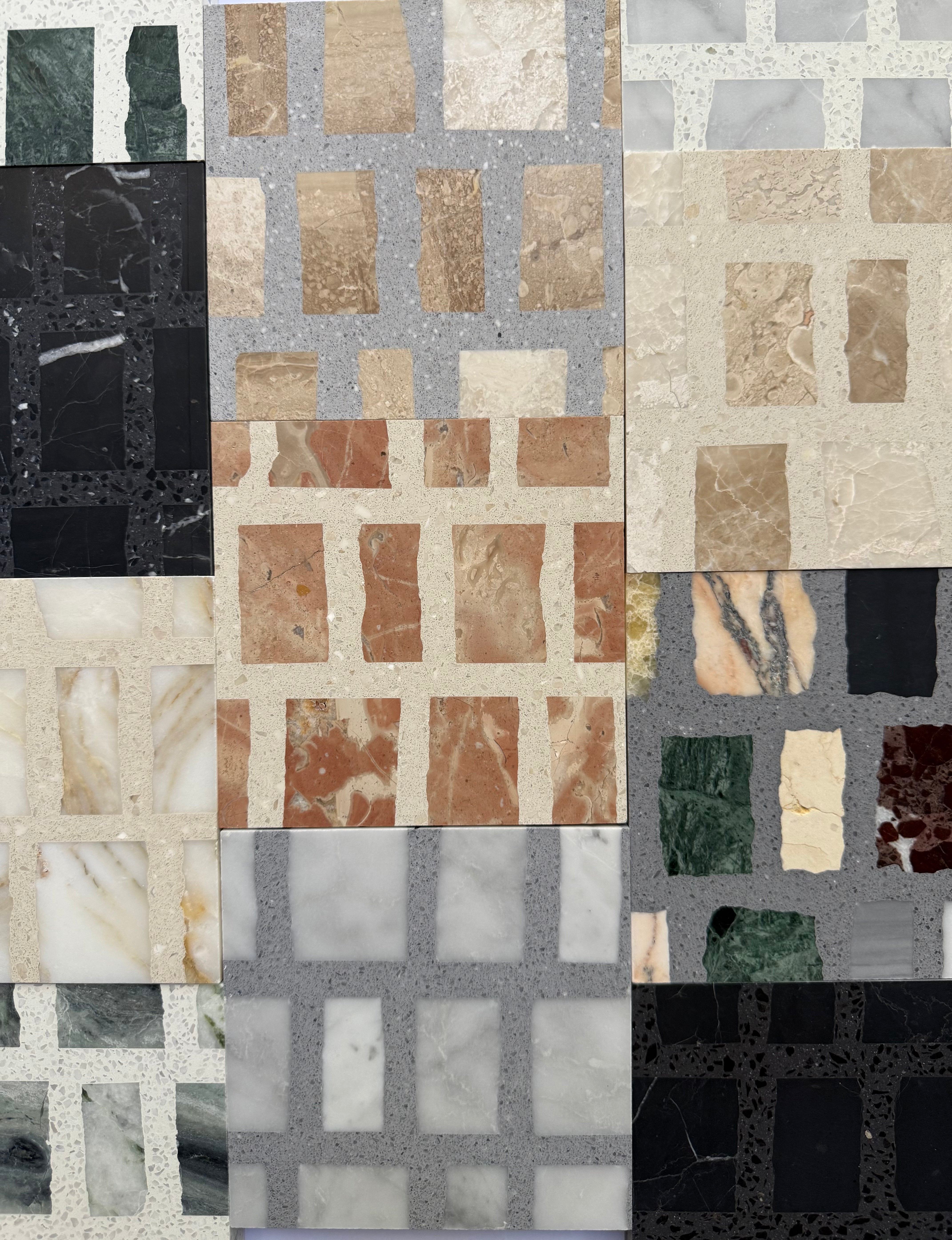 A grid of Carlo Scarpa - Grey Dusk tiles by New York Cement Tile in varied colors and textures creates a striking collage.