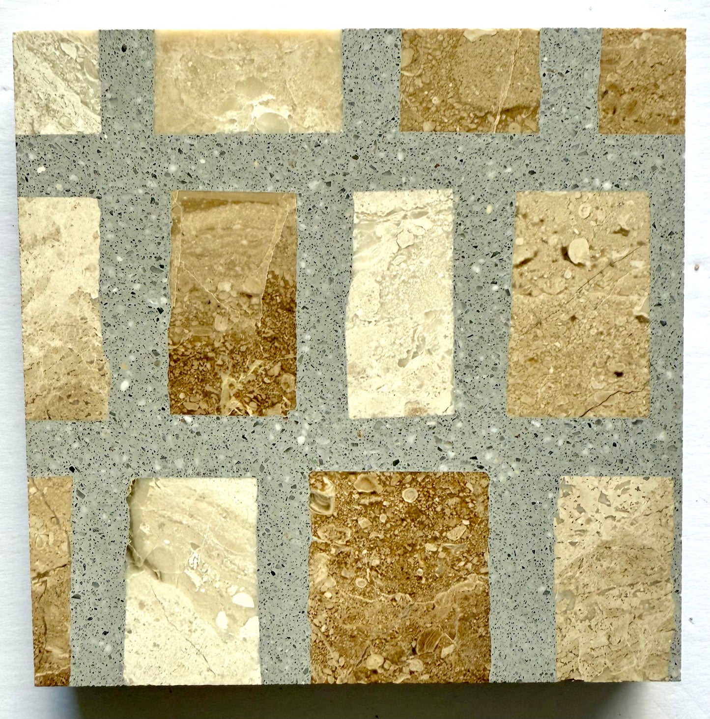 Carlo Scarpa - Cappuccino Gray by New York Cement Tile: a square tile with beige grid and gray lines on white.