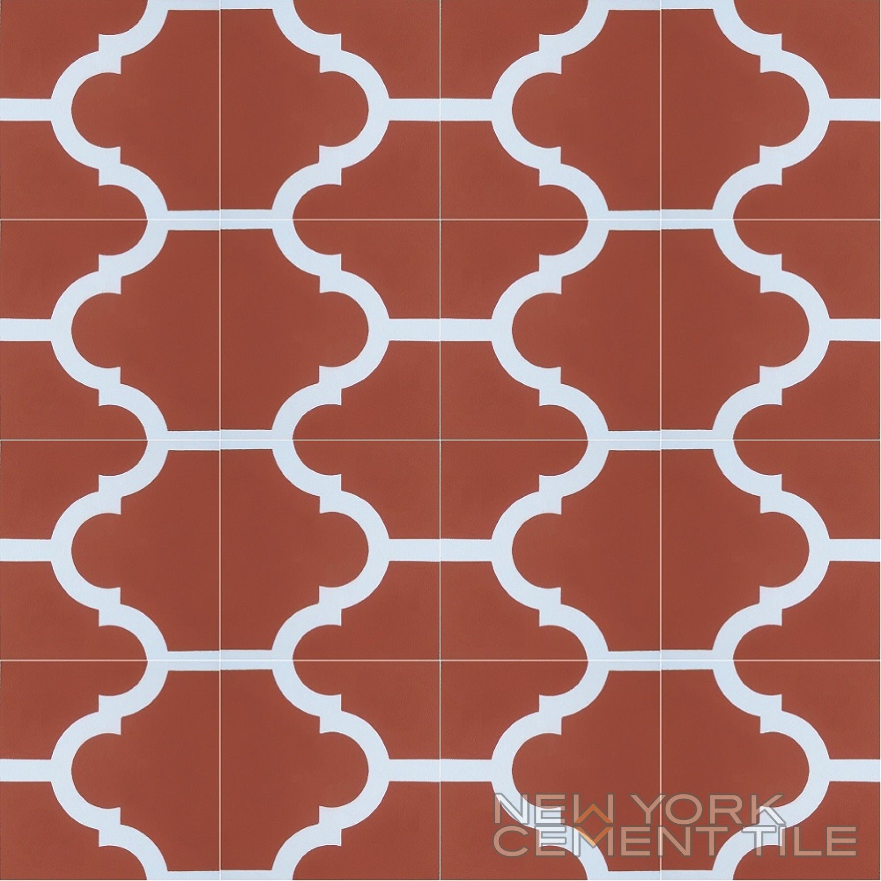 Red and white geometric cement tiles (N20-014, Extra Sample) by New York Cement Tile. Logo at bottom right.