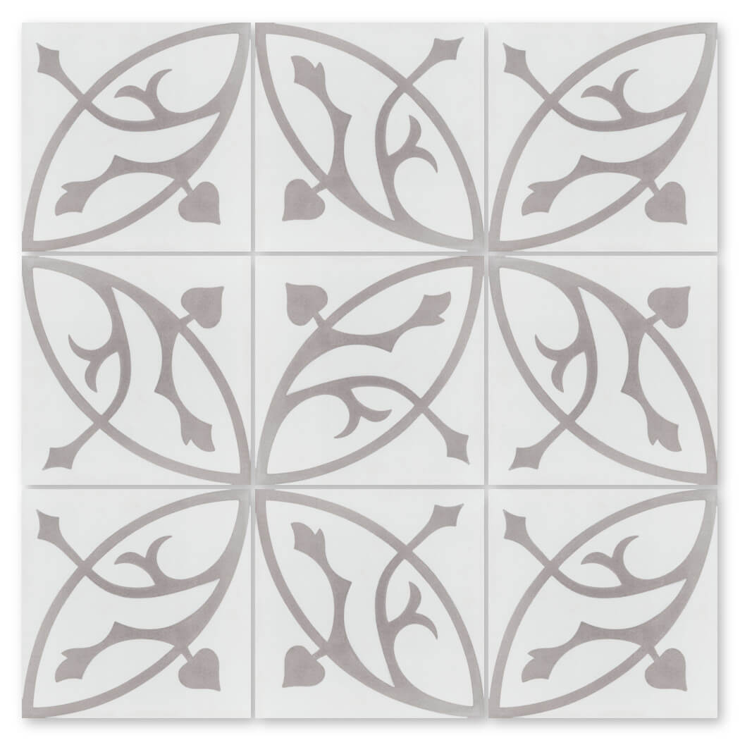 The N20-019 Extra Sample by New York Cement Tile features nine white tiles with a gray curved, leaf-like symmetrical pattern.