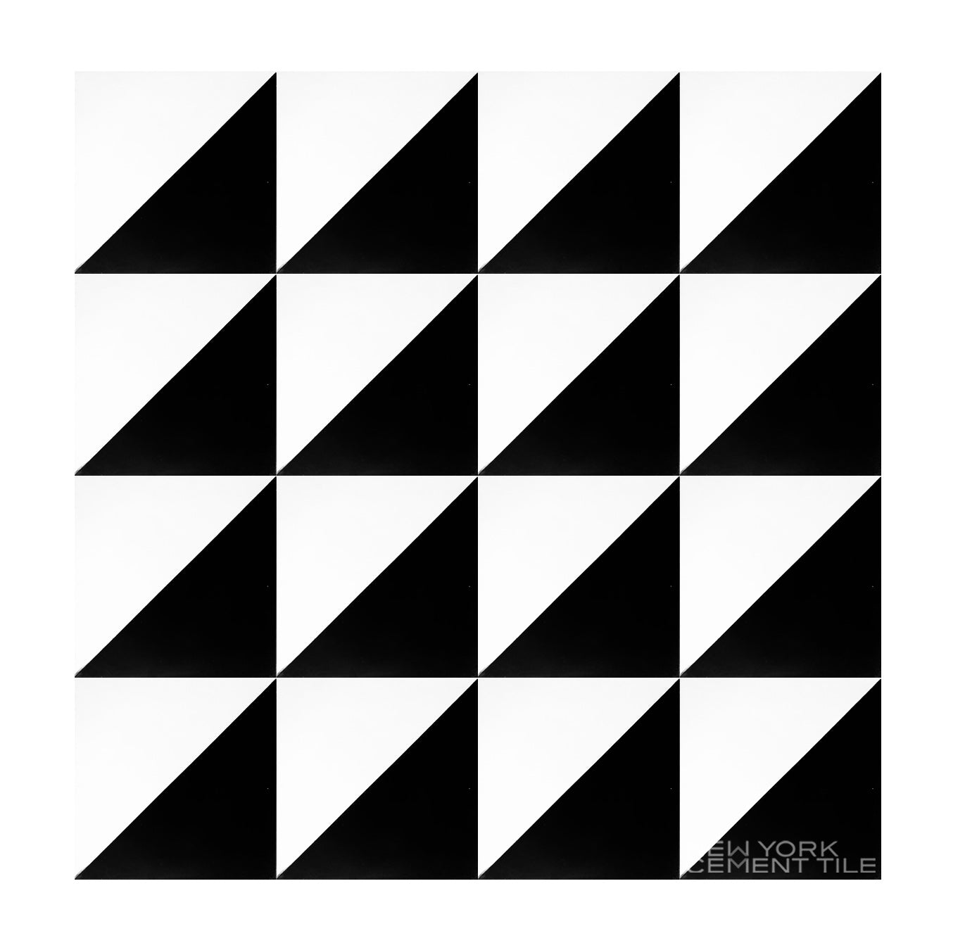 The N20-139 Sample by New York Cement Tile features handcrafted black and white tiles split diagonally into triangles.