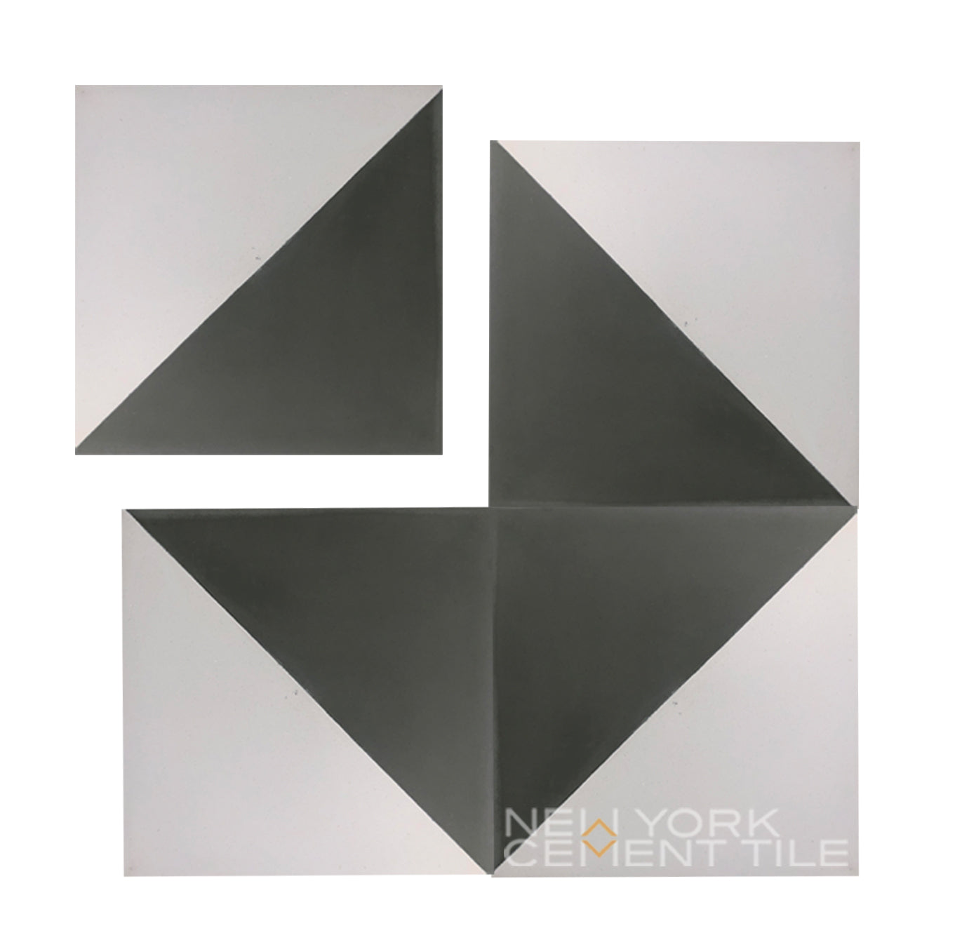 N20-139 by New York Cement Tile: three eco-friendly square tiles with gray and white geometric triangles on white.