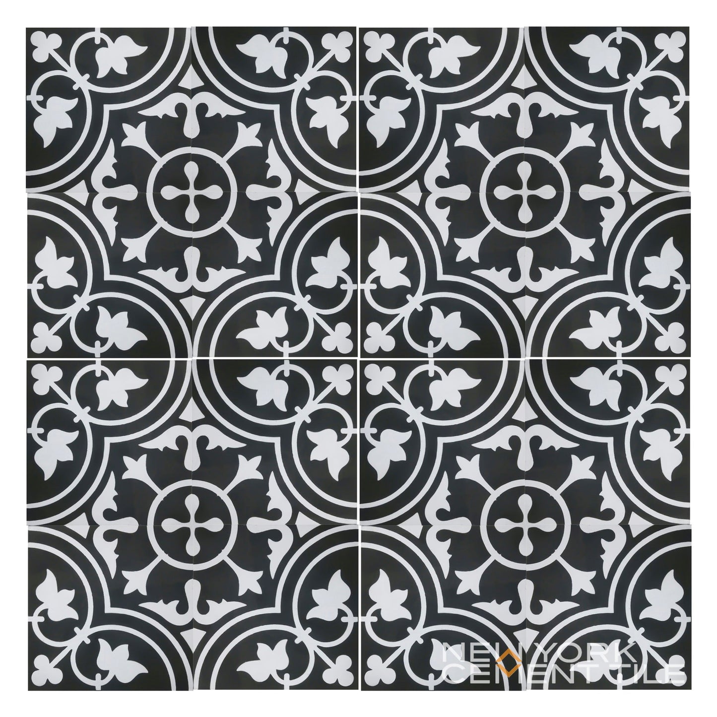 The N20-172 Sample by New York Cement Tile features durable black and white cement tiles with floral and geometric designs.