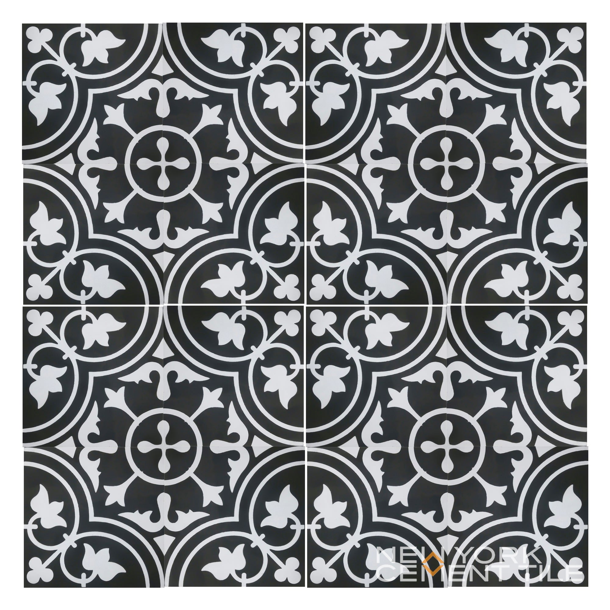 The N20-172 Sample by New York Cement Tile features durable black and white cement tiles with floral and geometric designs.