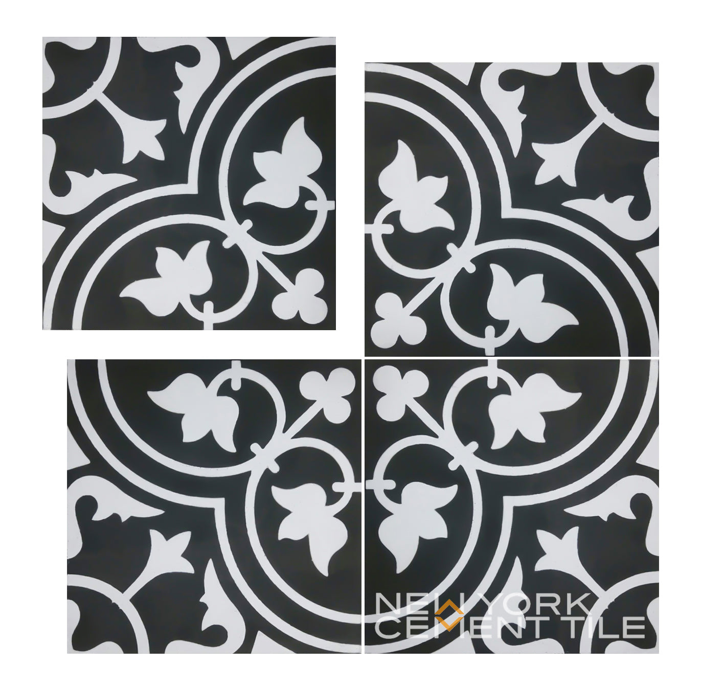 The N20-172 sample by New York Cement Tile features a bold, black and white floral and vine pattern with curved lines.