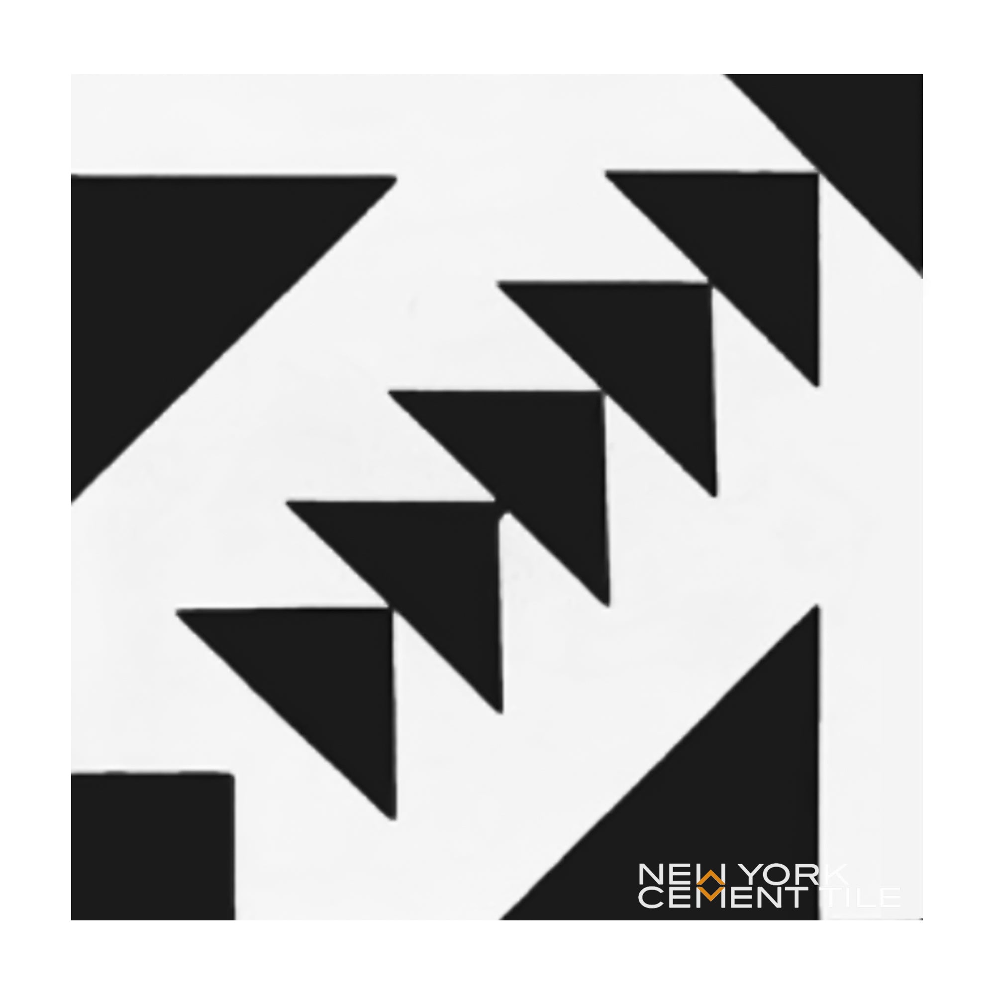 N20-316 by New York Cement Tile: black & white stacked triangle design, ideal for durable flooring. Logo at bottom right.