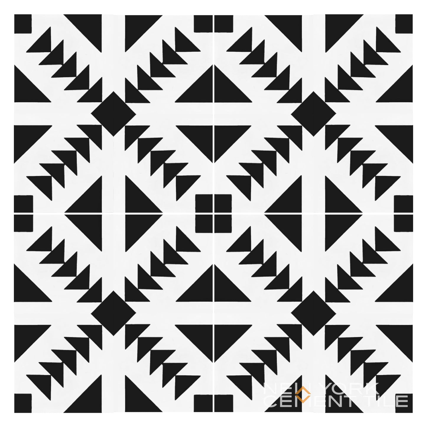 The N20-316 sample by New York Cement Tile features a black geometric tribal pattern with triangles and squares on white.