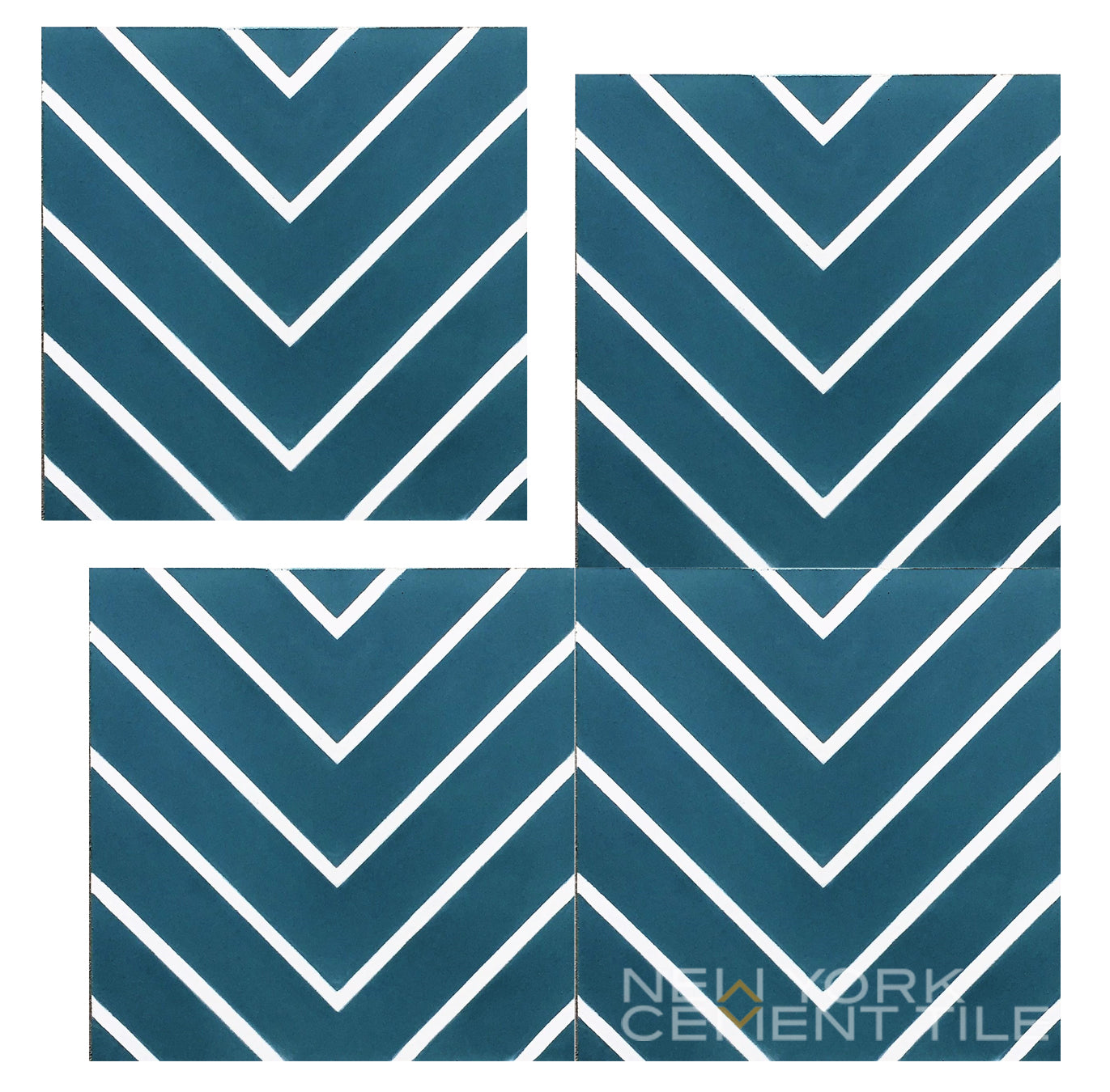 Four blue N20-437 New York Cement Tile pieces with white chevrons, staggered on a white background.