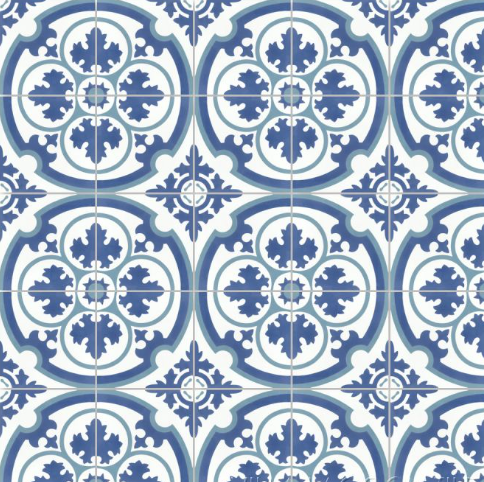 The N20-569 by New York Cement Tile features blue and white ceramic tiles with circular and floral geometric patterns.