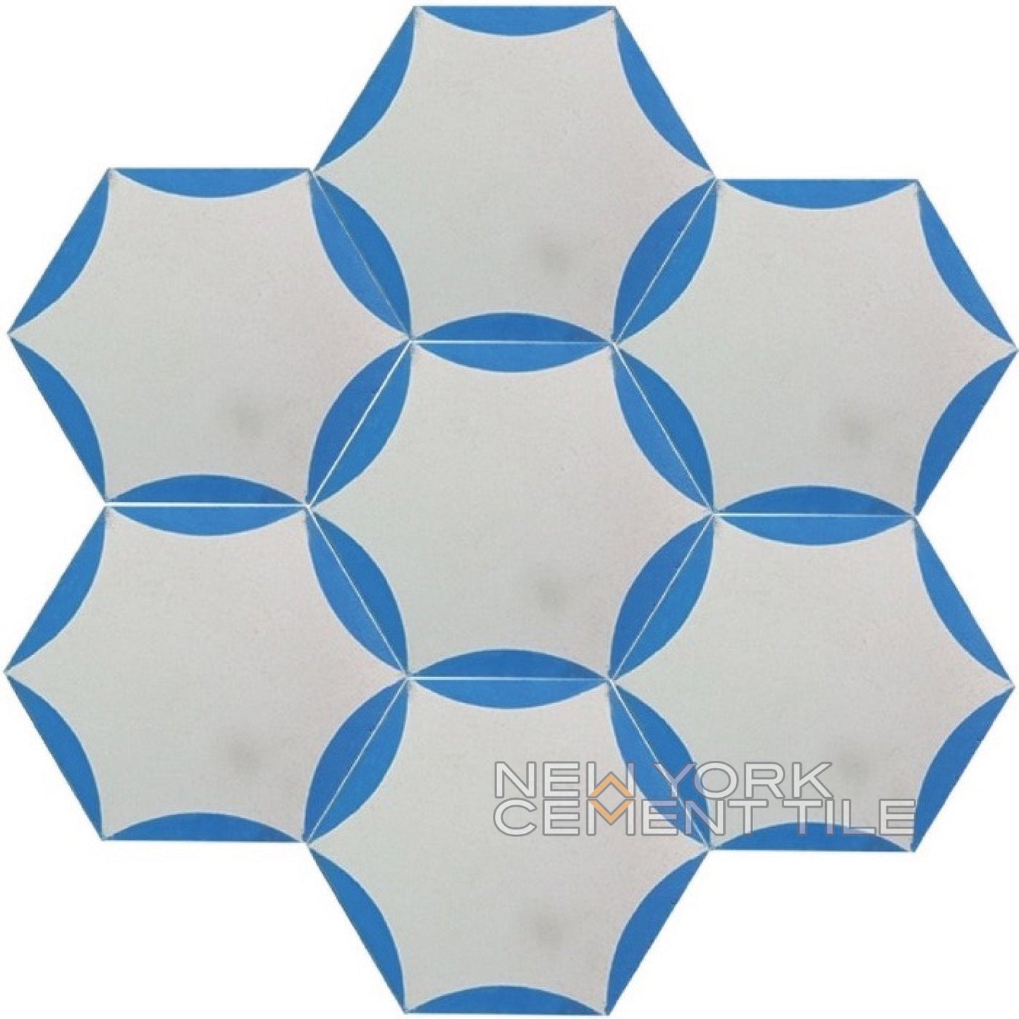 NH23-01 by New York Cement Tile: hexagonal tile with a blue and white geometric floral, star-like pattern. Sample available.