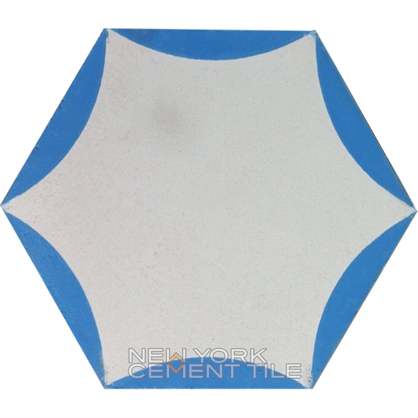 Hexagonal tile NH23-01, Extra Sample: white center, blue curved corners, by New York Cement Tile.