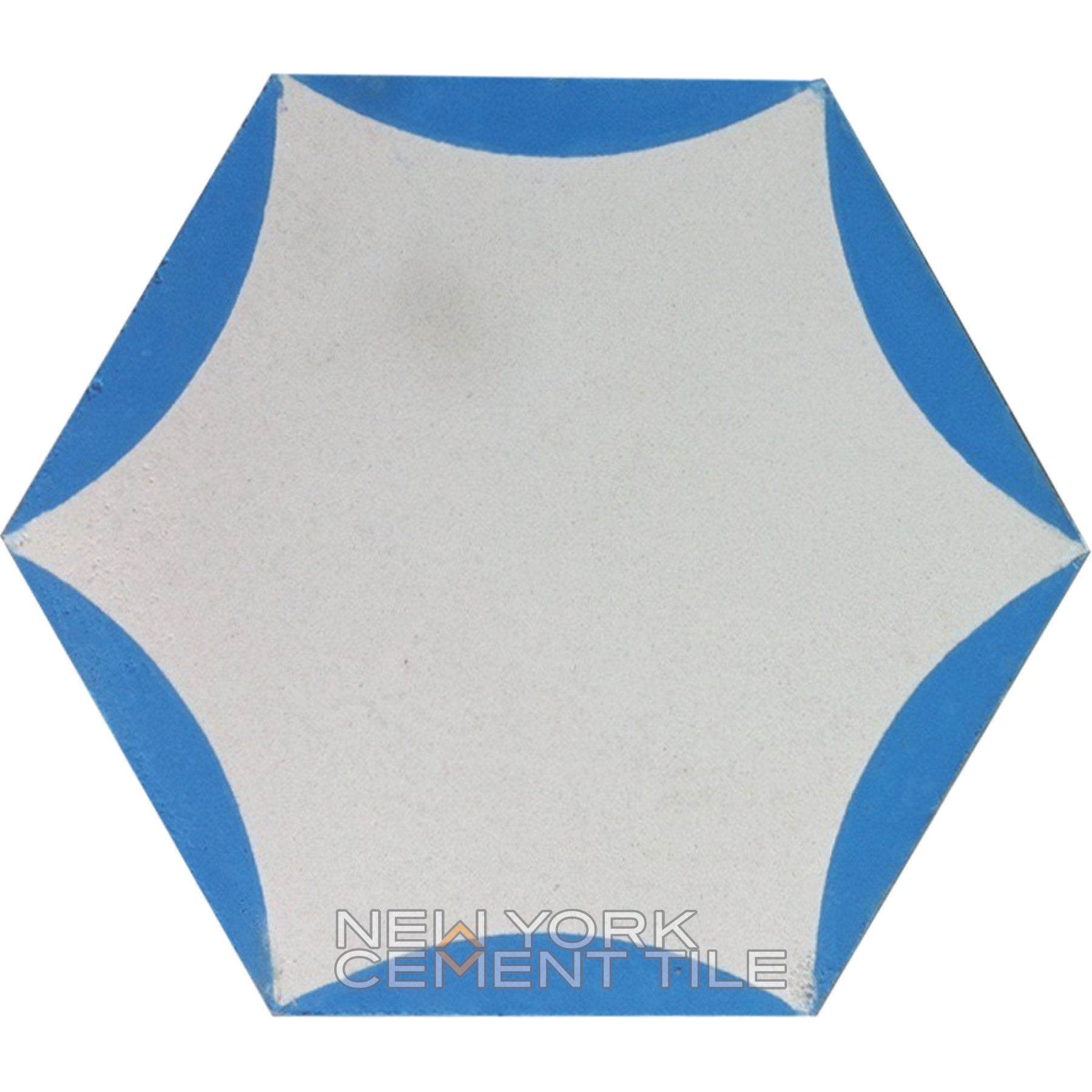 Hexagonal tile, NH23-01 Sample by New York Cement Tile, white center with blue corners, text at the bottom.