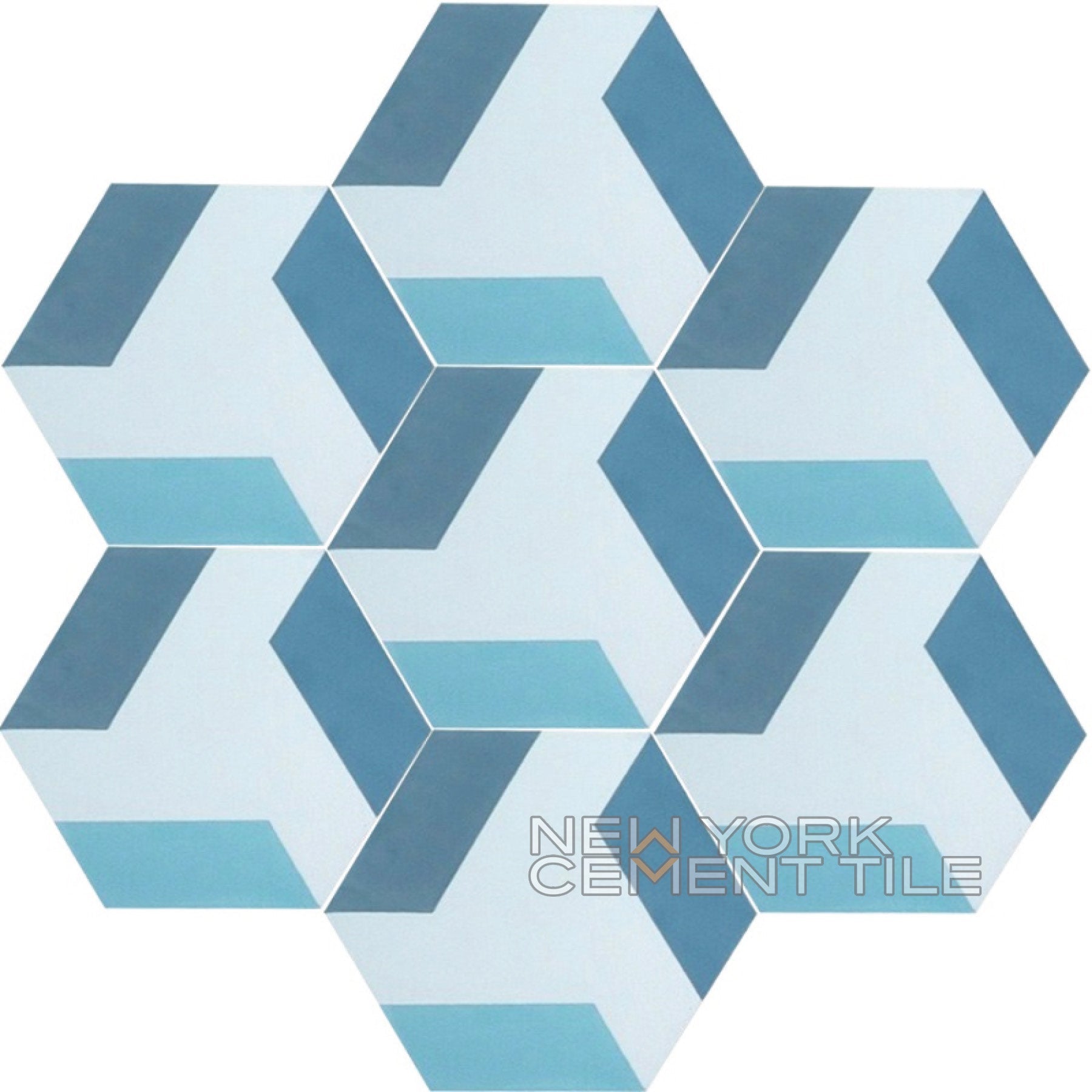 Blue and white hexagonal tiles (NH23-02, Sample) create a 3D cube pattern by New York Cement Tile.