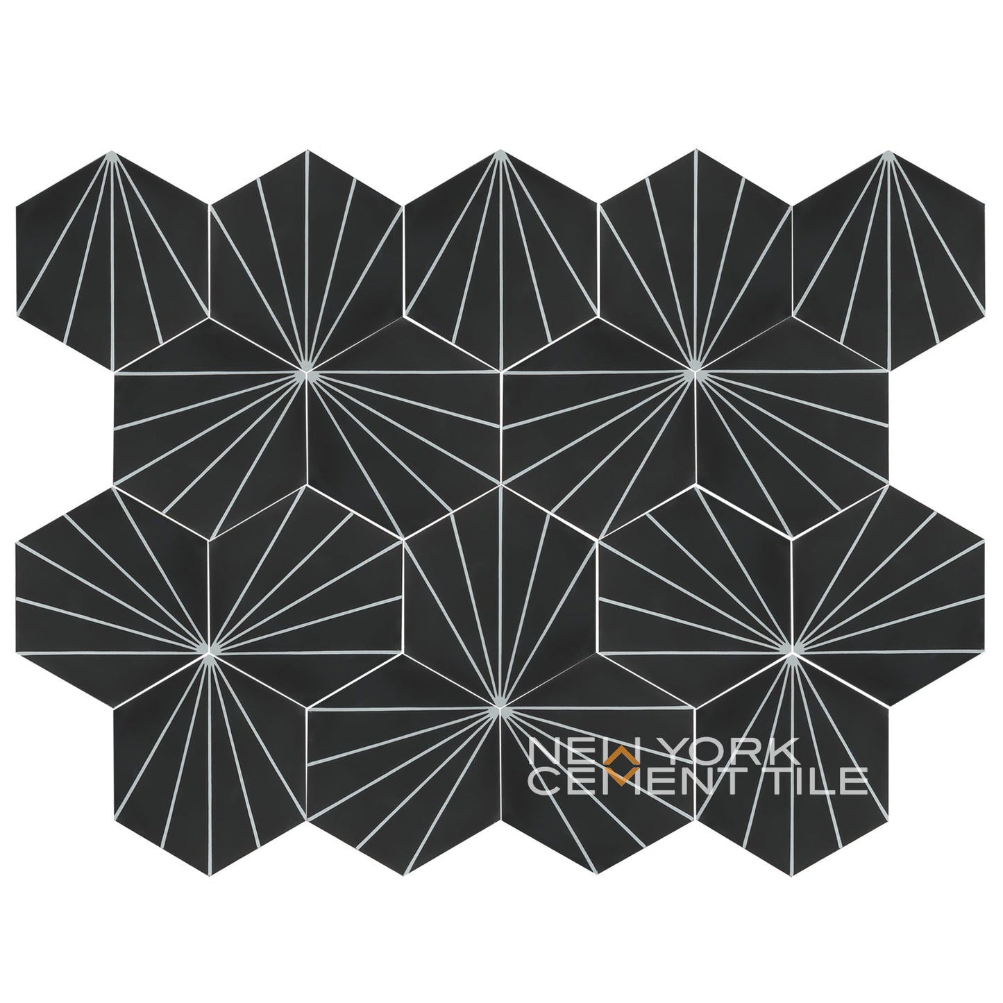 The NH23-027 tile by New York Cement Tile features black hexagons with white lines radiating from each center.