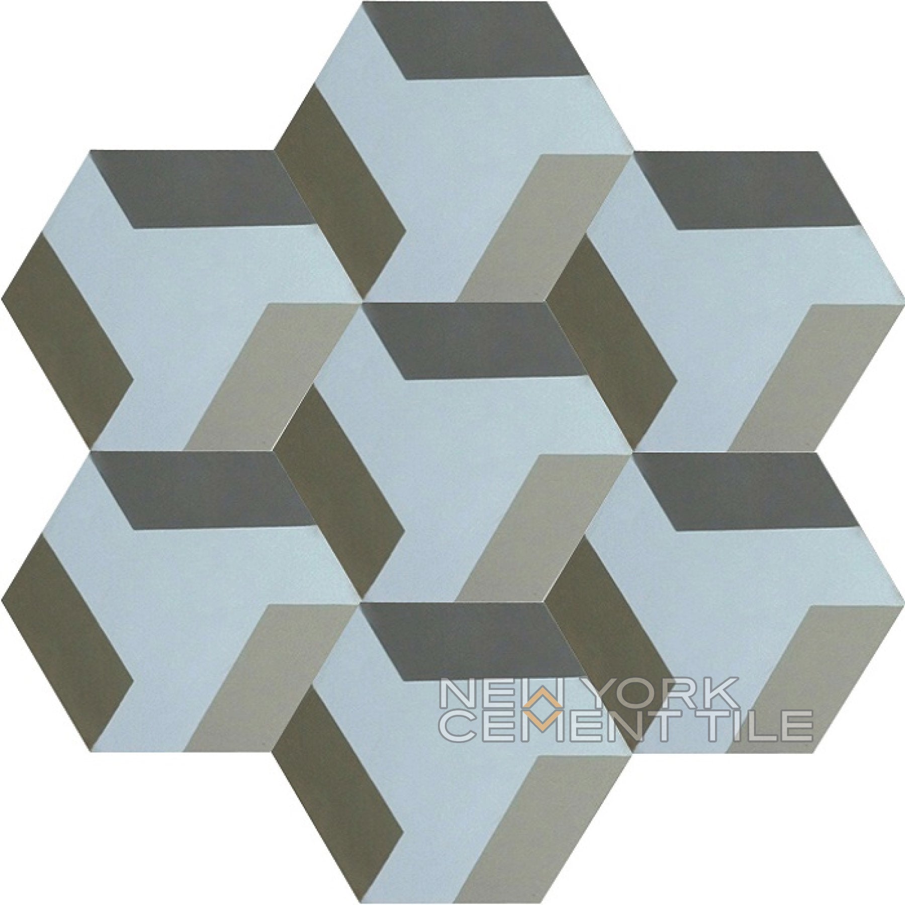 NH23-02B by New York Cement Tile: hexagonal tiles form a 3D cube illusion in gray, beige, and light blue.