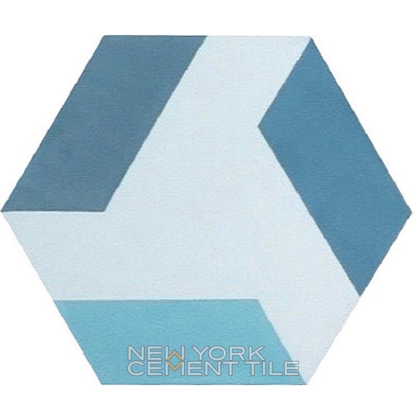 The NH23-02 Extra Sample by New York Cement Tile features bold blue and white geometric patterns on a hexagonal tile.