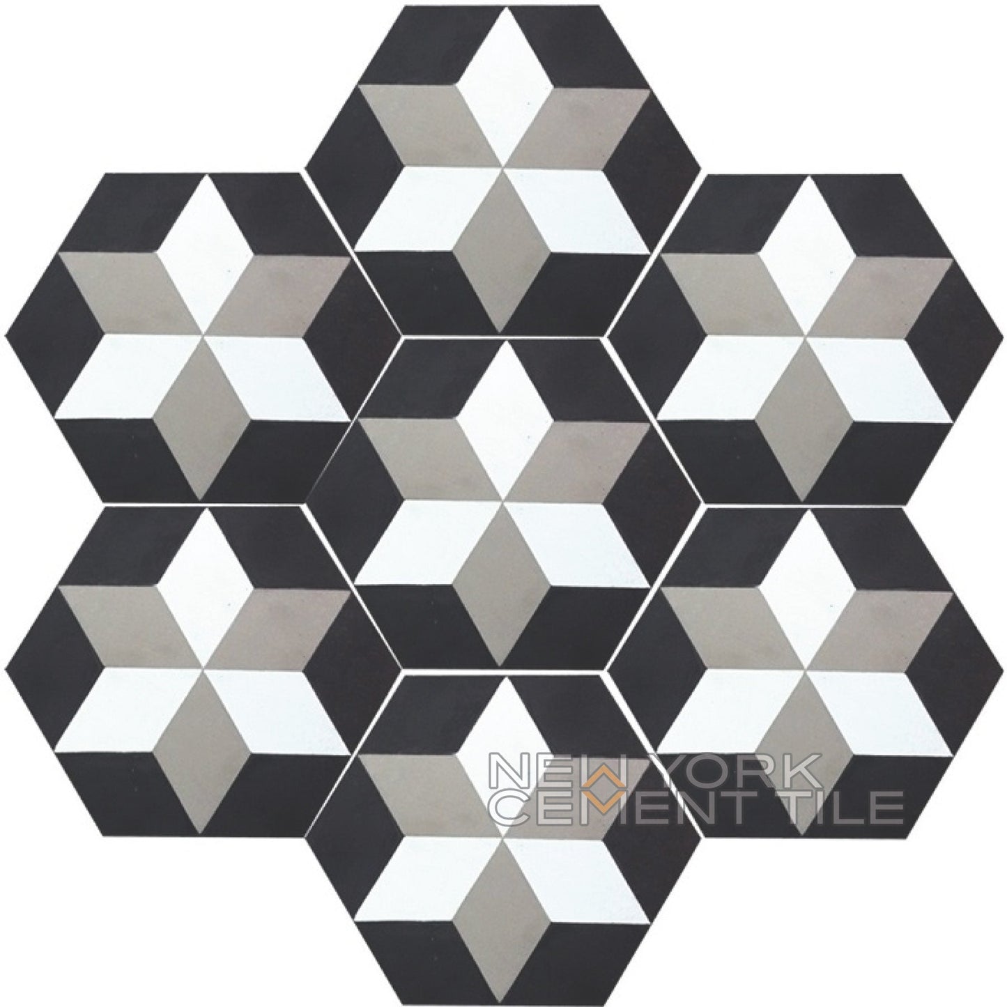 NH23-03 sample: Hexagonal tiles with 3D cube pattern in black, white & gray by New York Cement Tile.