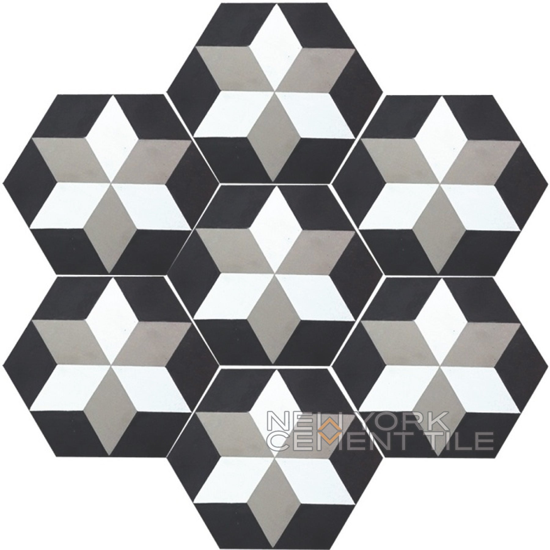 NH23-03 sample: Hexagonal tiles with 3D cube pattern in black, white & gray by New York Cement Tile.