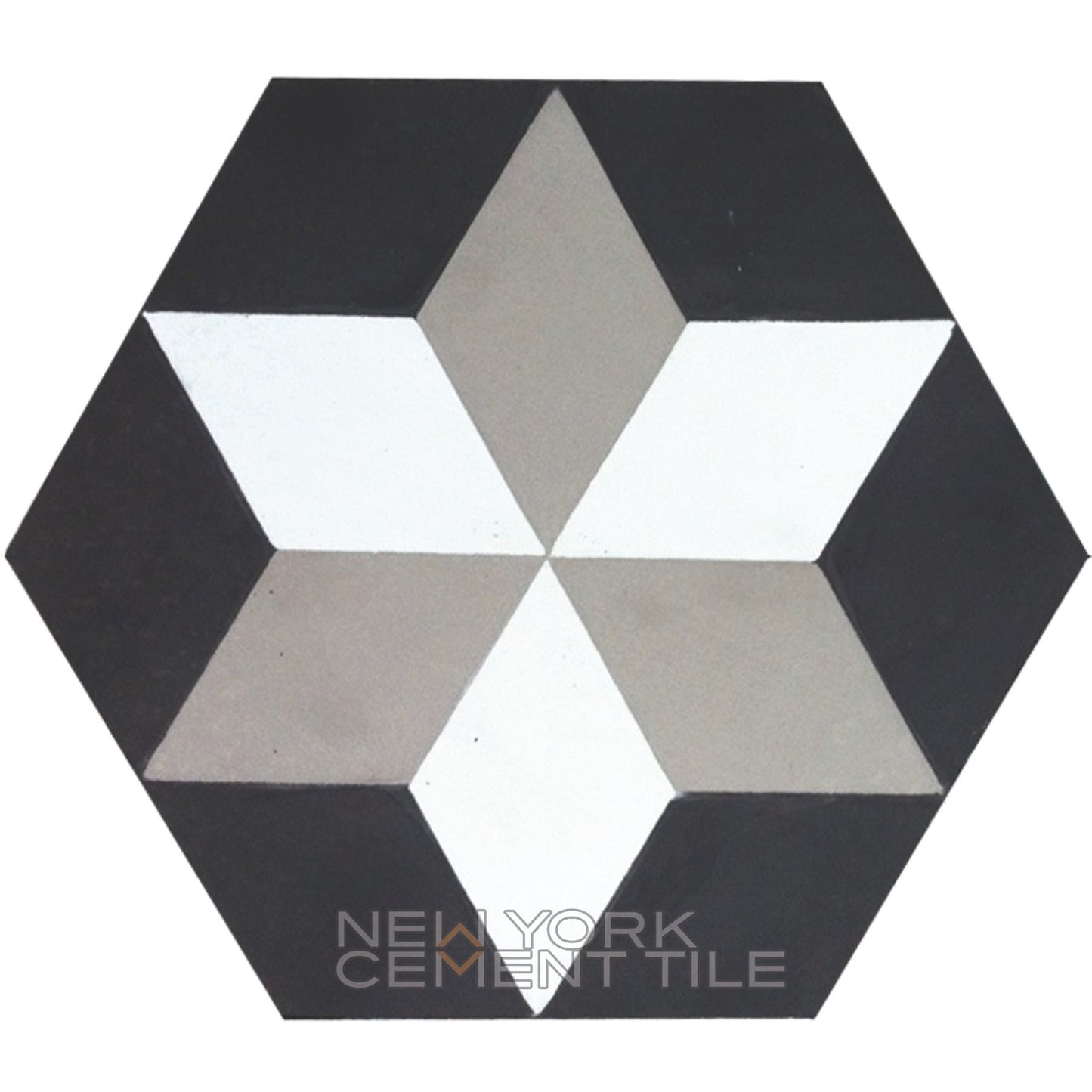 Hexagonal tile, geometric star pattern in black, gray & white. New York Cement Tile, NH23-03 Extra Sample.