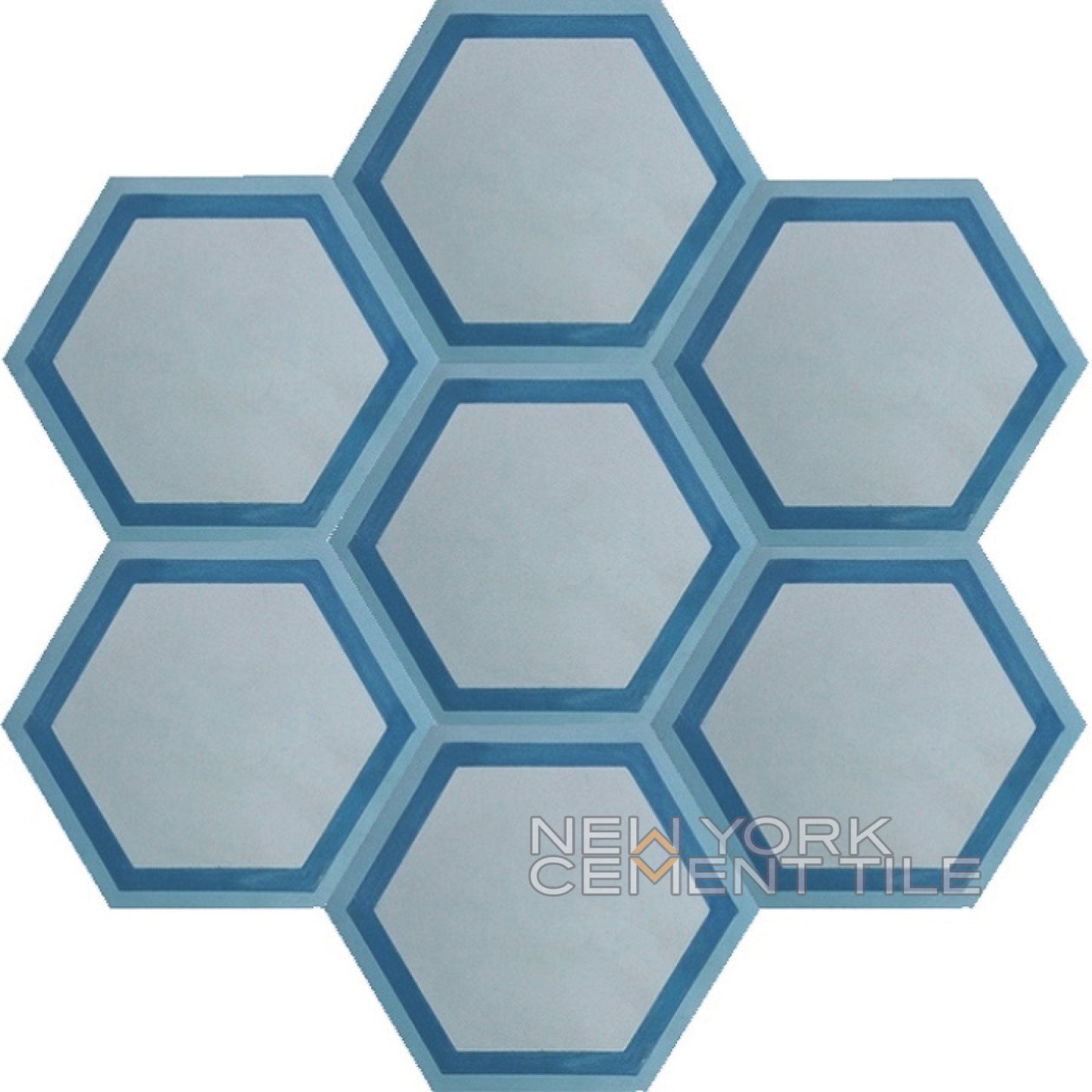 Hexagonal light blue tiles with dark blue borders in a honeycomb pattern. NH23-04, Sample by New York Cement Tile.