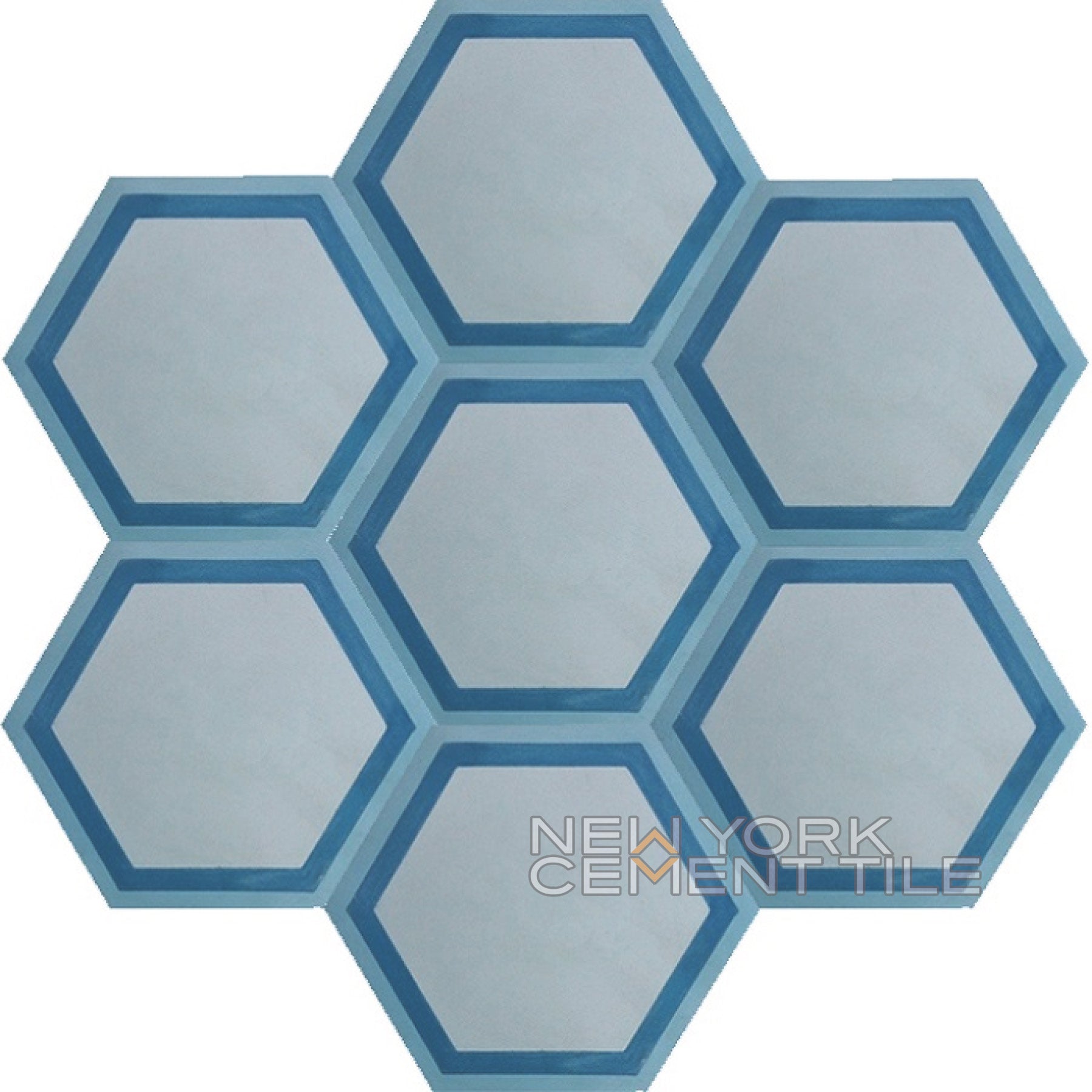 Hexagonal light blue tiles with dark blue borders in a honeycomb pattern. NH23-04, Sample by New York Cement Tile.