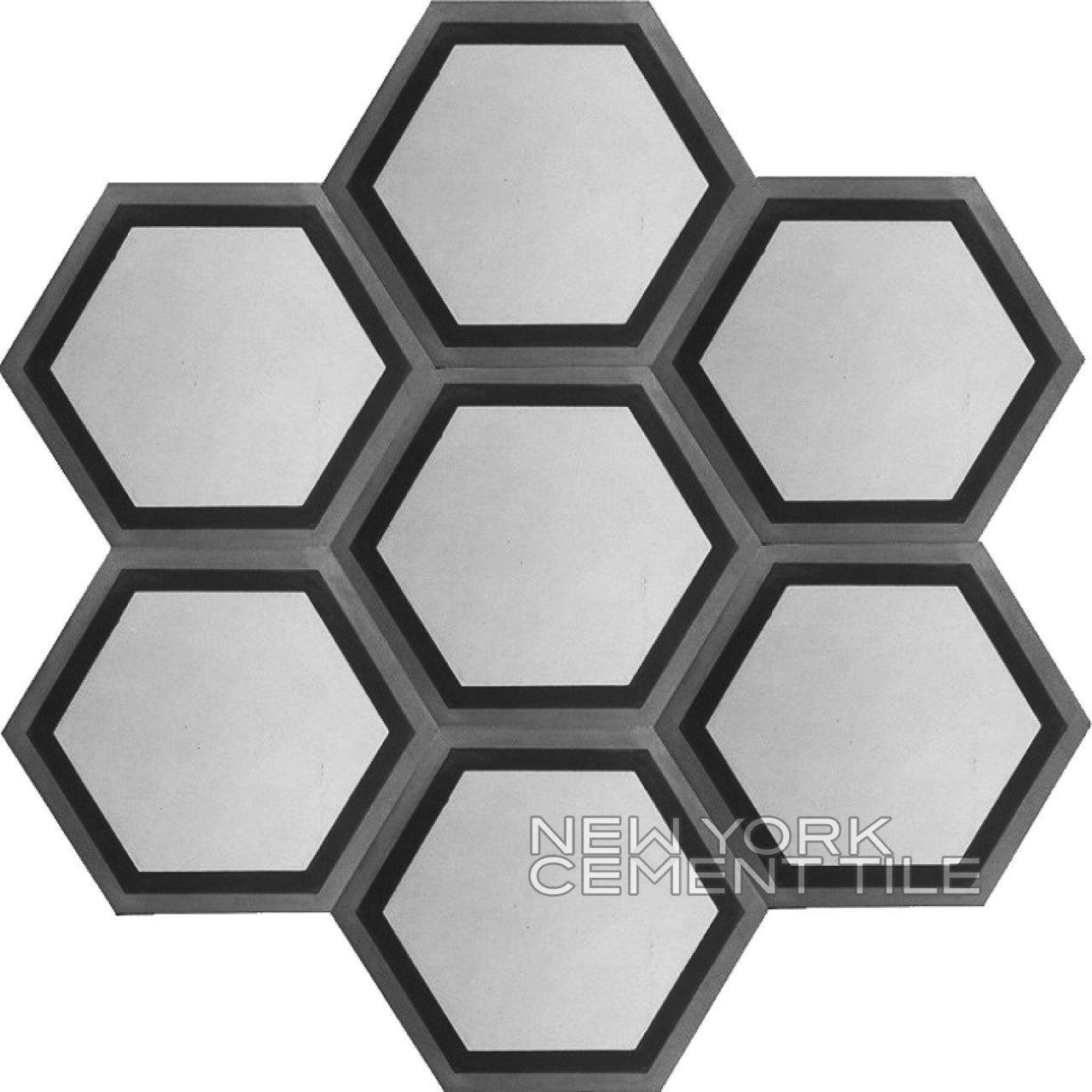 Seven hexagonal NH23-04B tiles by New York Cement Tile form a cluster on white; brand name overlays lower right.