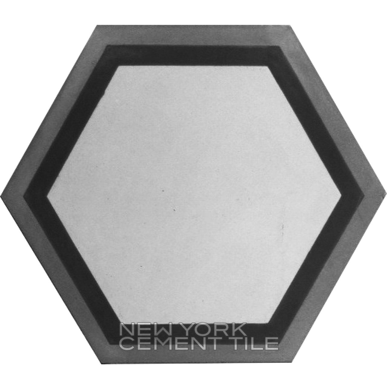 Hexagonal tile NH23-04B sample with light center, black border, gray edge. New York Cement Tile brand.