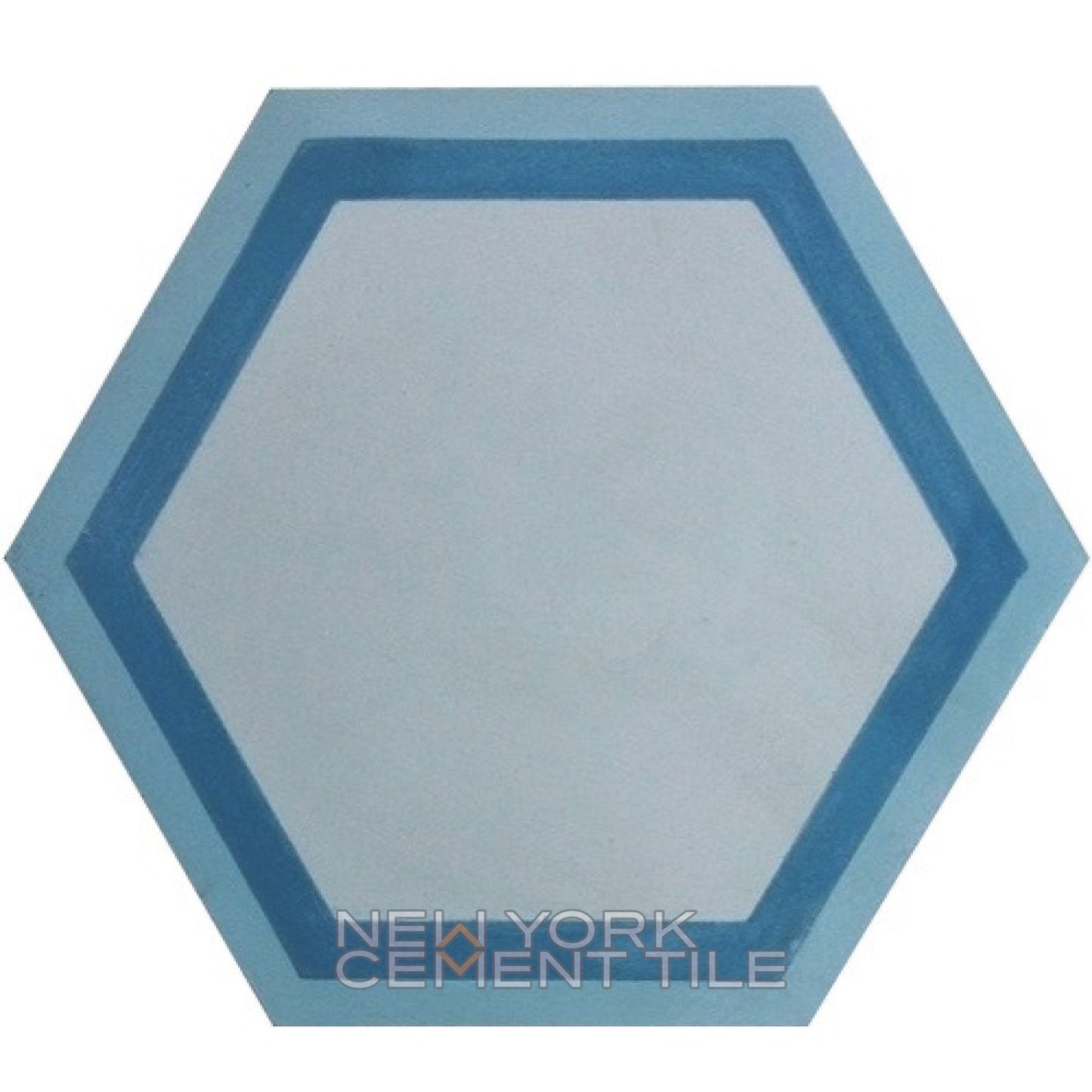 NH23-04, Extra Sample by New York Cement Tile: hexagonal tile with light blue center, dark blue border, white background.
