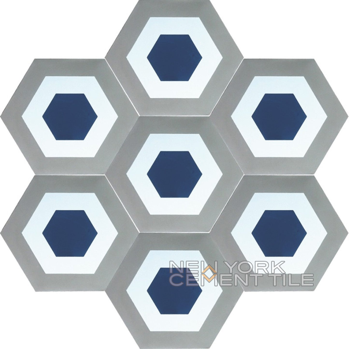 New York Cement Tile NH23-05 Sample: hexagonal tiles with blue, white & gray concentric patterns in a honeycomb layout.