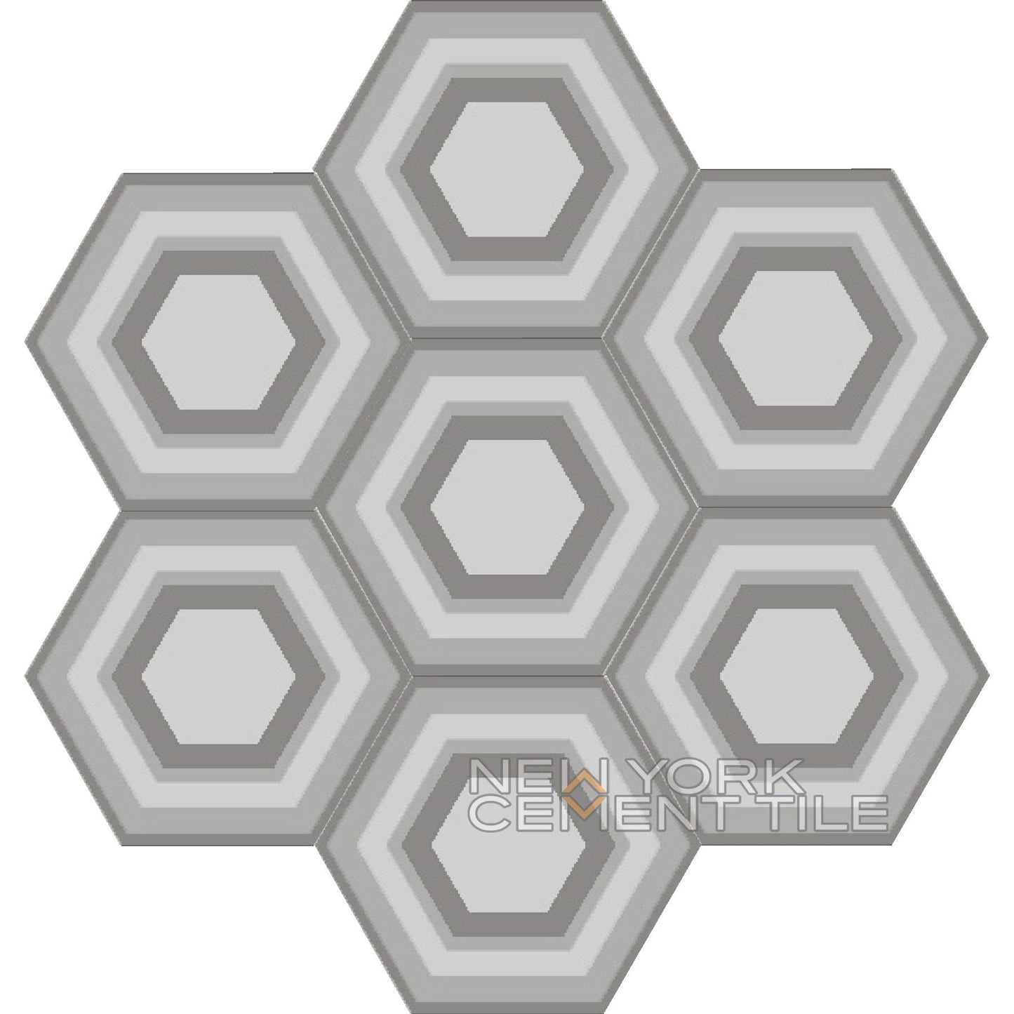 Hexagonal tile pattern in shades of gray with NH23-06, Sample by New York Cement Tile in the lower right corner.