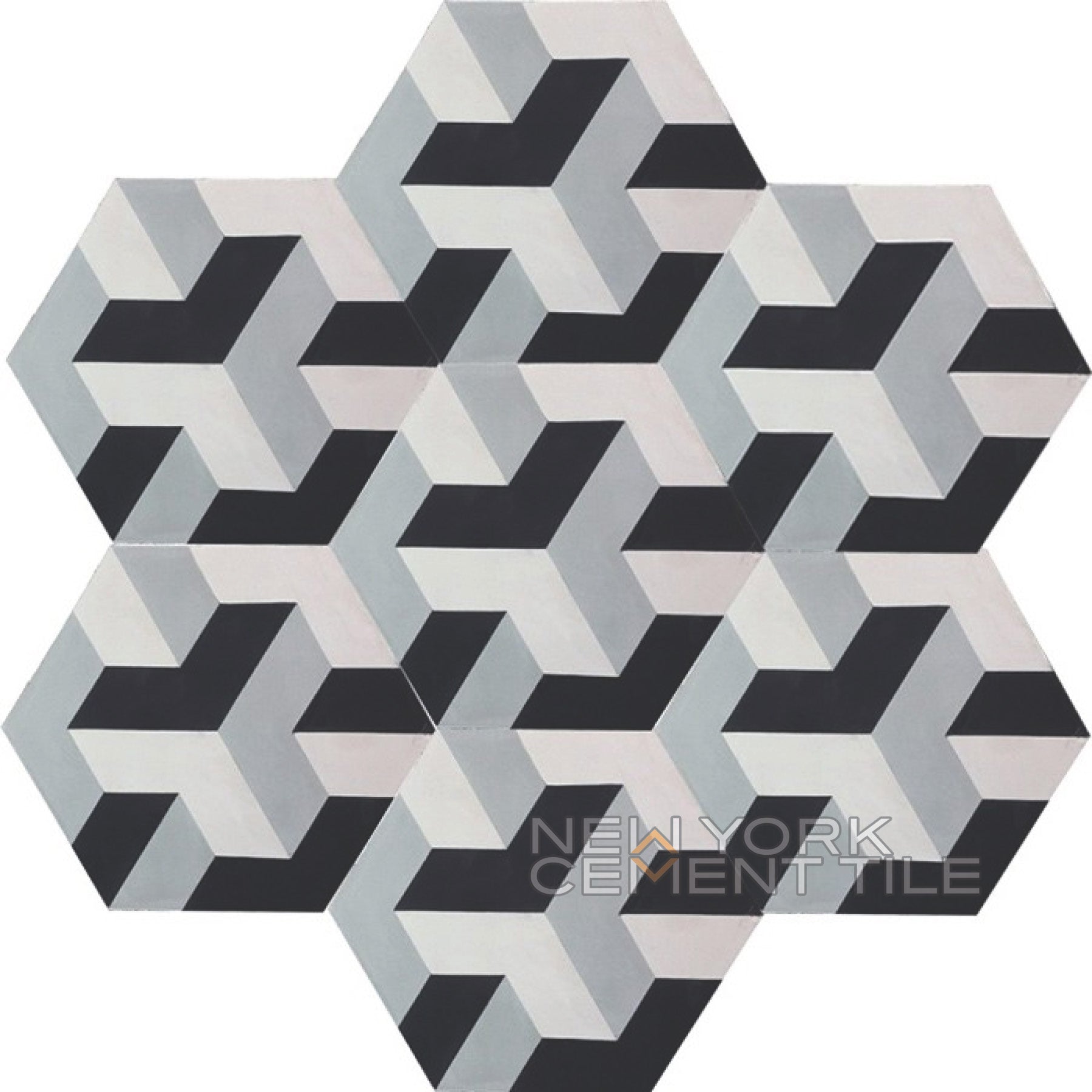 NH23-09 Sample by New York Cement Tile: Hexagonal tiles with 3D cube pattern in black, gray & white.