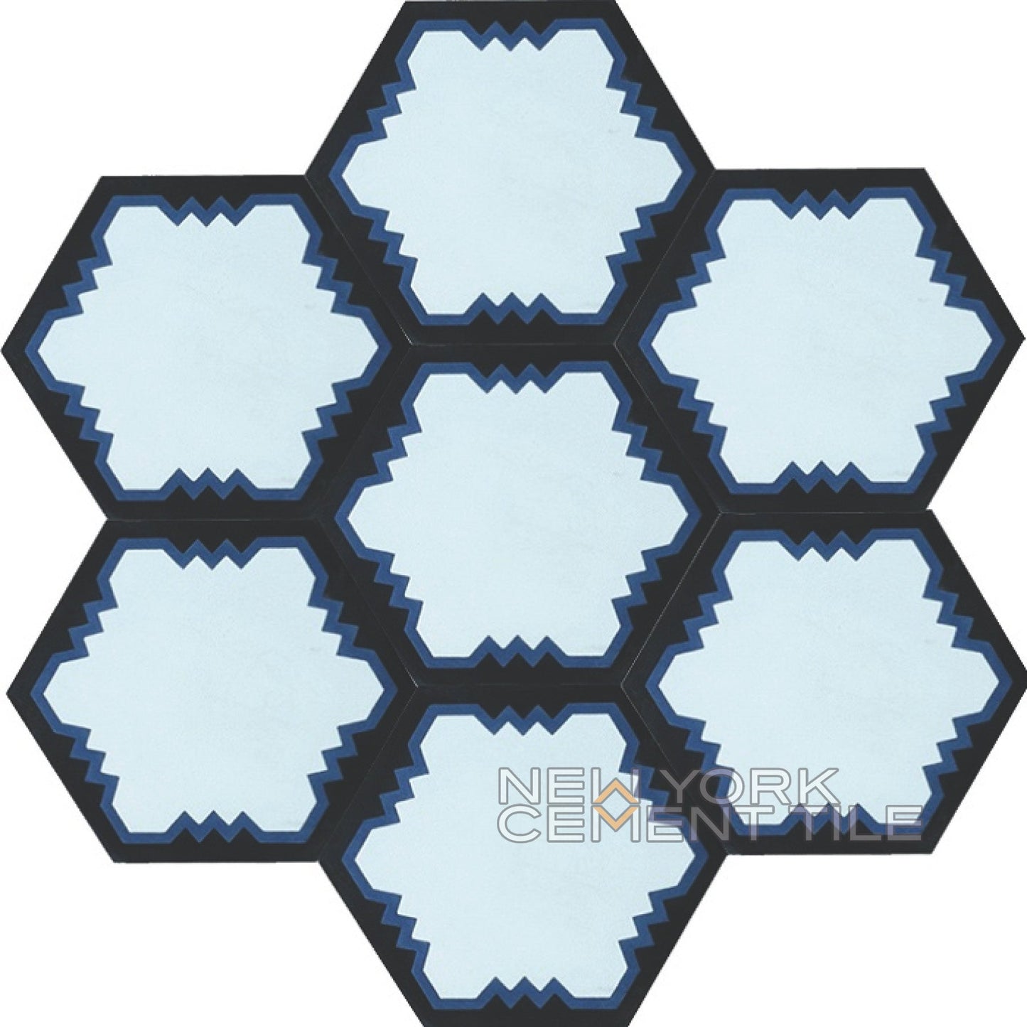 Hexagonal NH23-10 Sample tiles by New York Cement Tile feature jagged blue and black borders in a honeycomb pattern.
