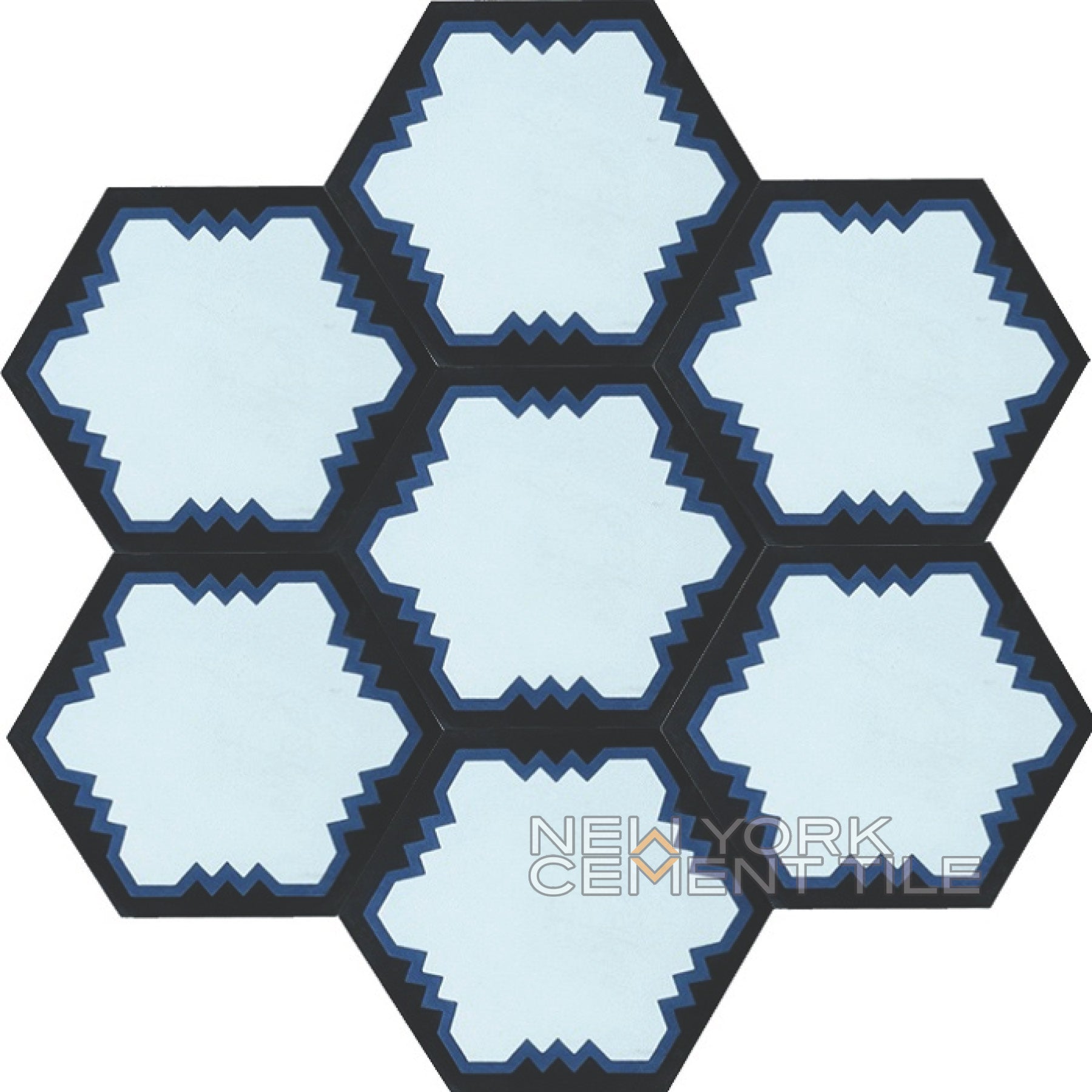 Hexagonal NH23-10 Sample tiles by New York Cement Tile feature jagged blue and black borders in a honeycomb pattern.