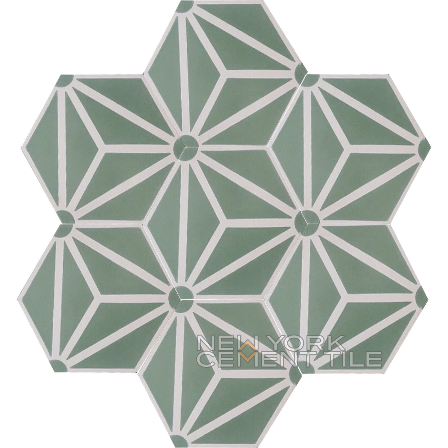 Hexagonal green and white floral star tile, NH23-13 Sample by New York Cement Tile; watermark is visible.