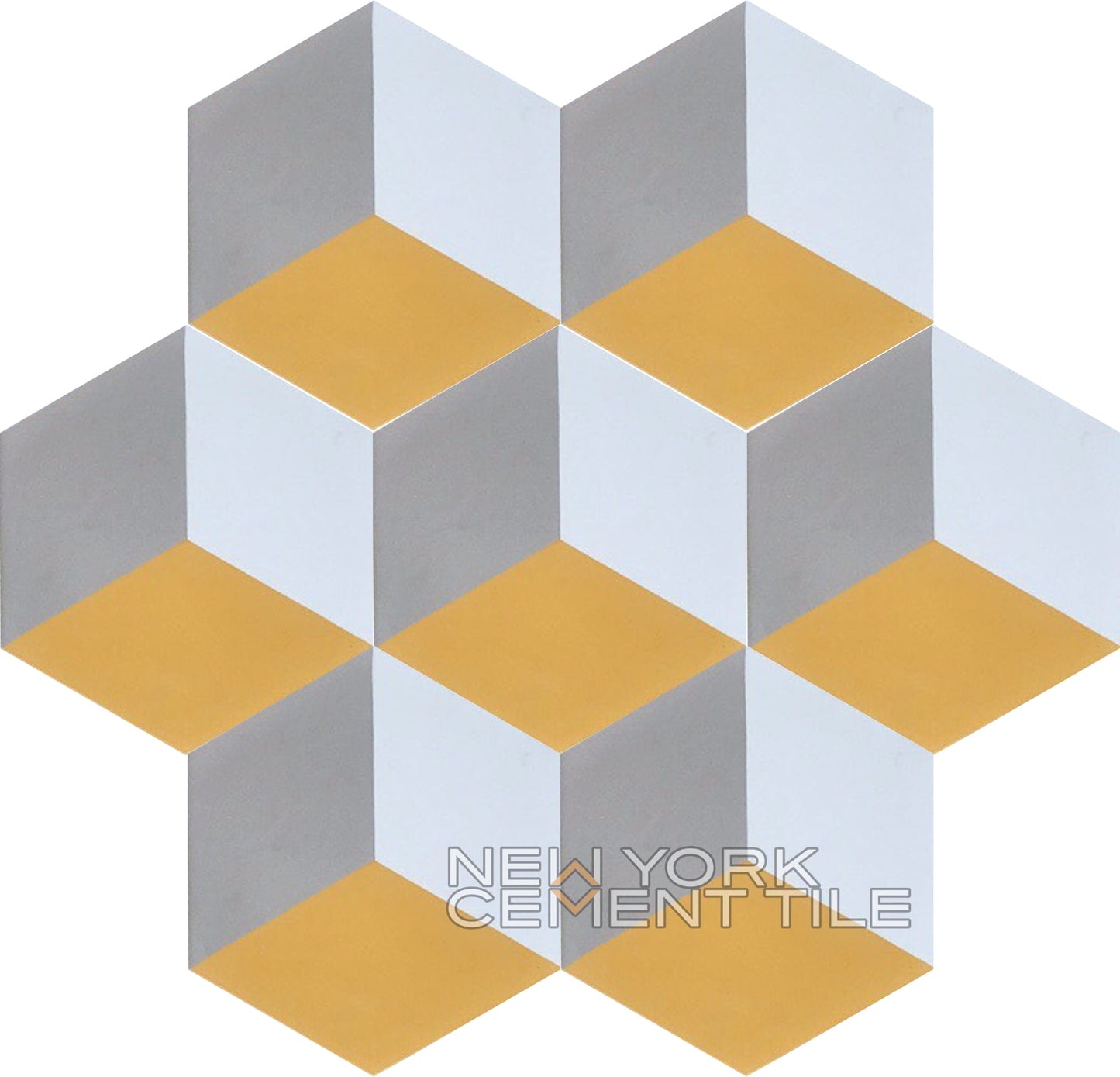 Geometric yellow, gray & white cubes form a 3D illusion; text: NH23-14, Sample by New York Cement Tile.