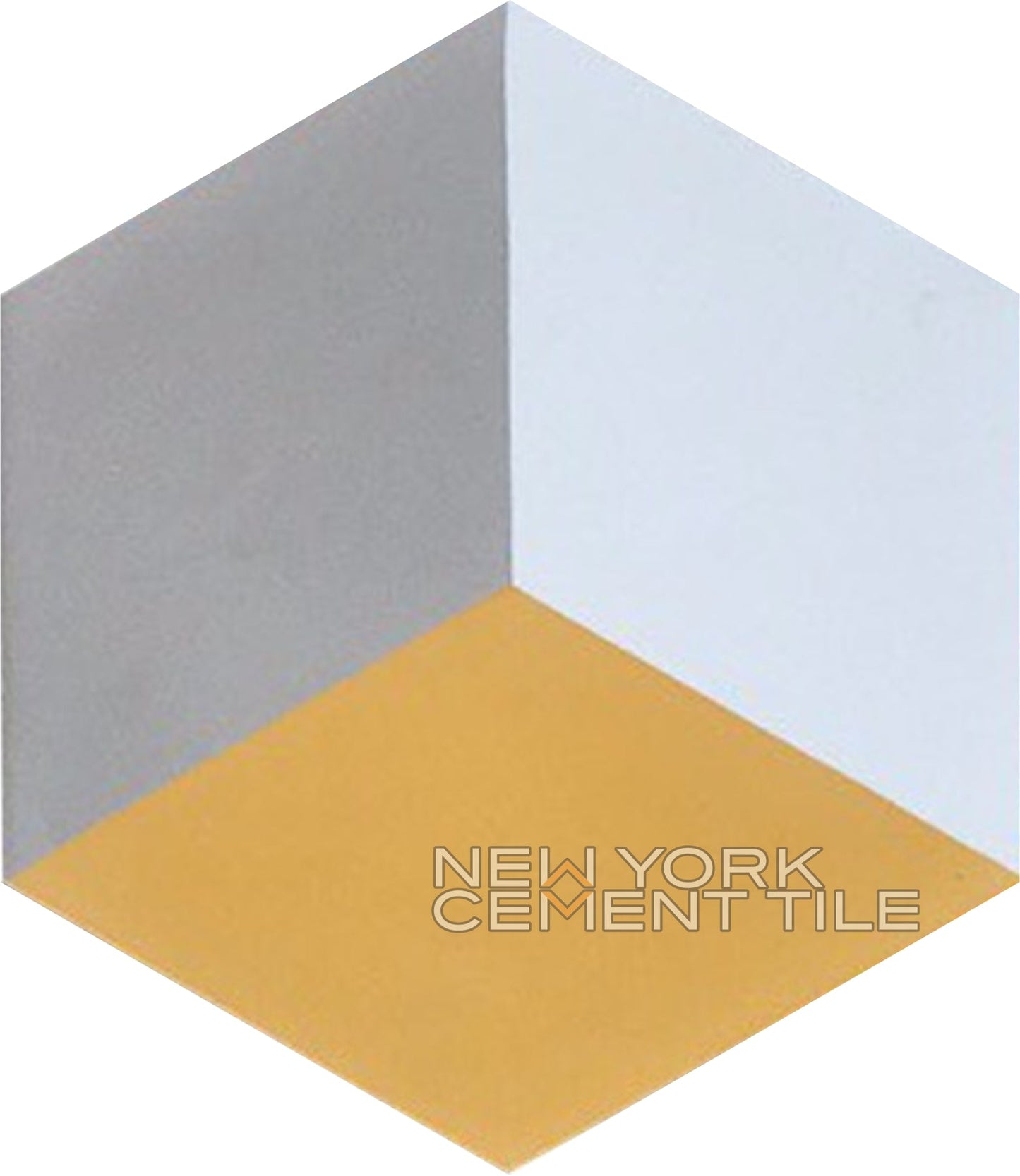 Hexagonal tile NH23-14, Extra Sample by New York Cement Tile: gray, white & yellow faces form a 3D cube illusion.