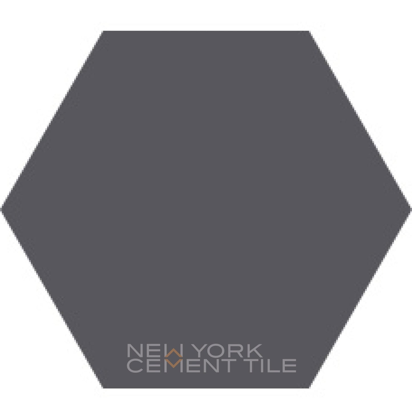 A solid dark gray hexagon tile labeled "Solid Hex- NH23-2202, Sample" by New York Cement Tile in light gray text below.