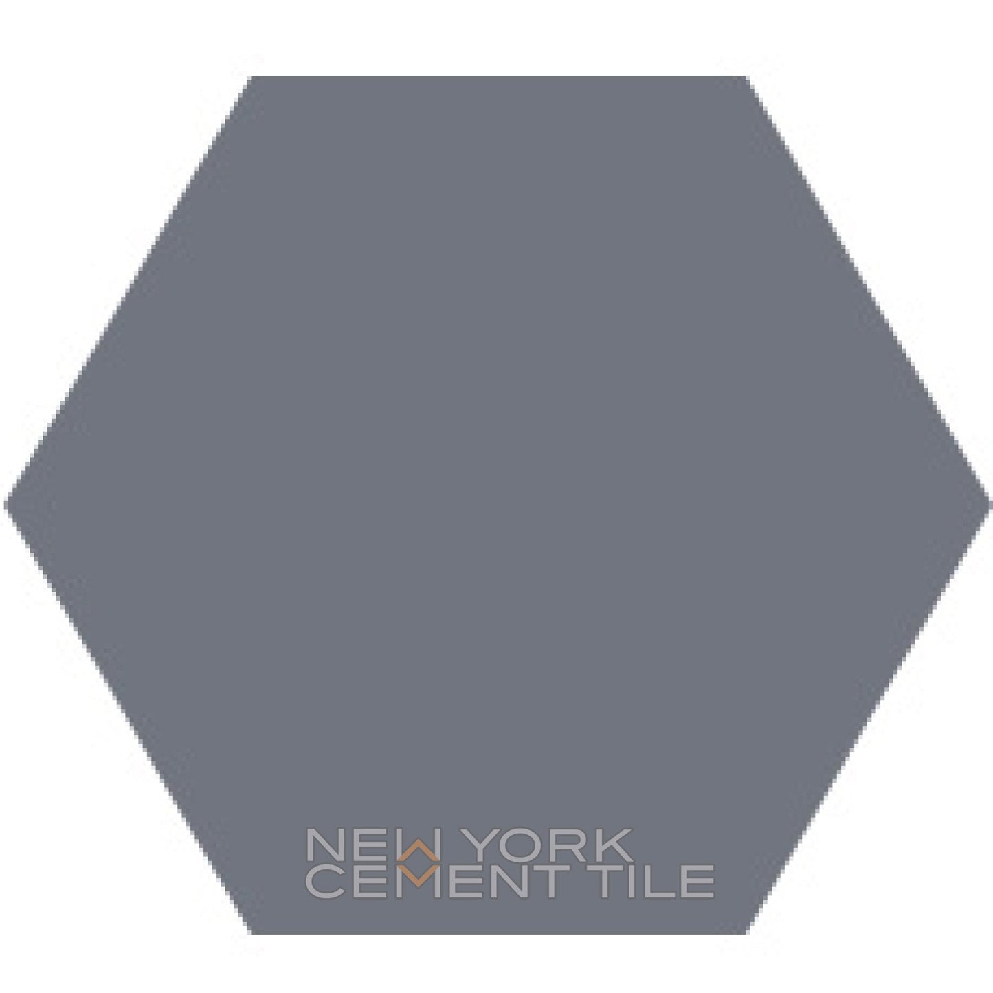 Solid gray hex tile, Solid Hex-NH23-2213 Sample, with "New York Cement Tile" in modern font at the bottom.