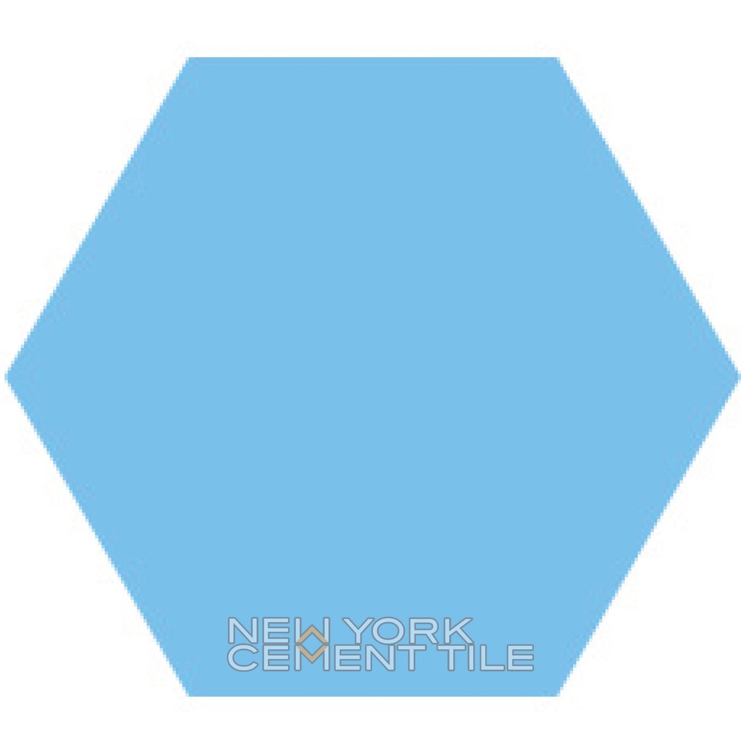 A solid light blue hexagon labeled Solid Hex- NH23-4407, Sample by New York Cement Tile.