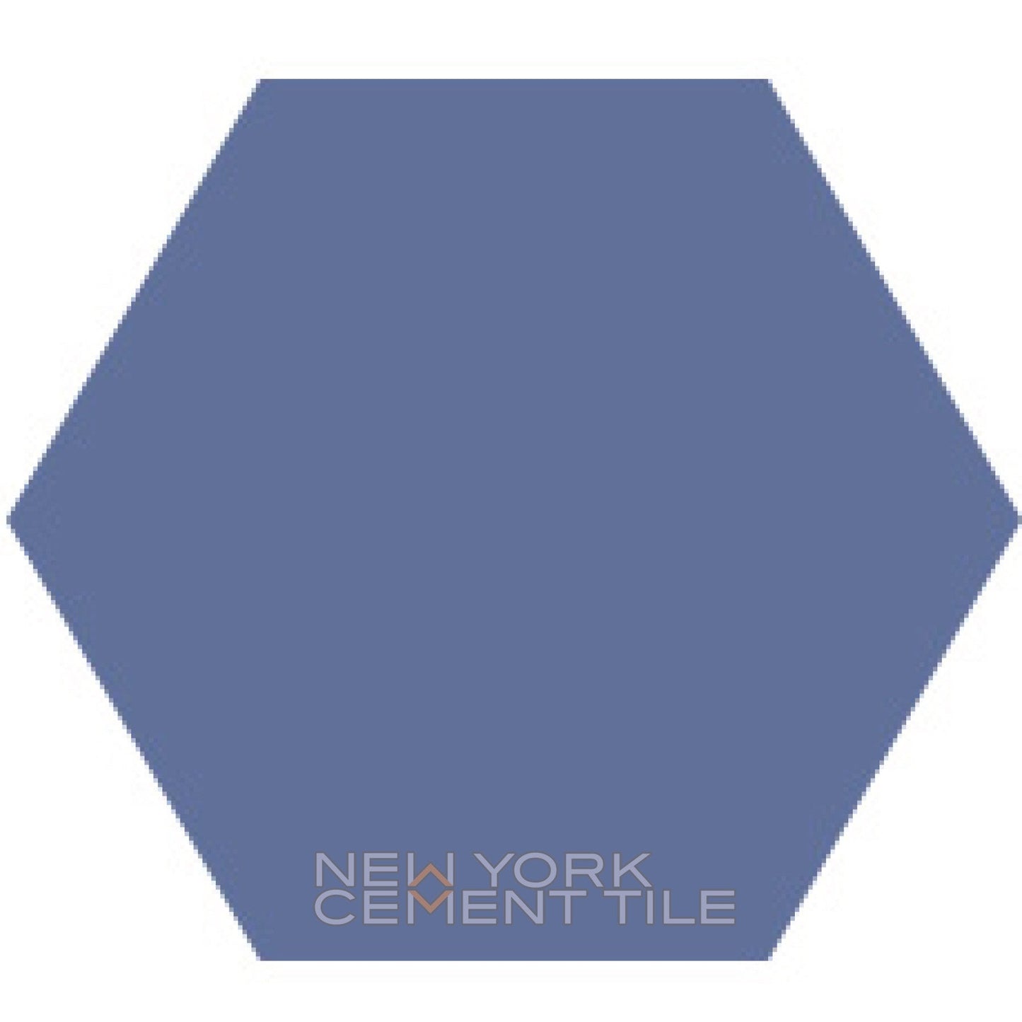 A solid blue hexagon, Solid Hex -NH23-4411 sample from New York Cement Tile, with gray text at the bottom.
