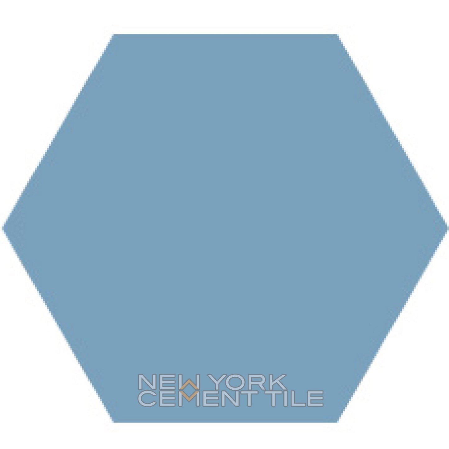 A solid light blue hexagon labeled "Solid Hex -NH23-4425, Sample" by New York Cement Tile in gray at the bottom center.