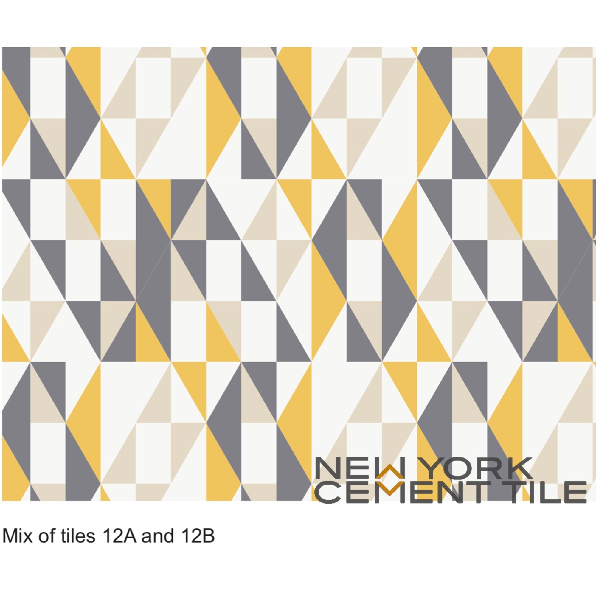 Geometric yellow, gray, beige triangles from Geometrika by New York Cement Tile, NLT-12A Sample.
