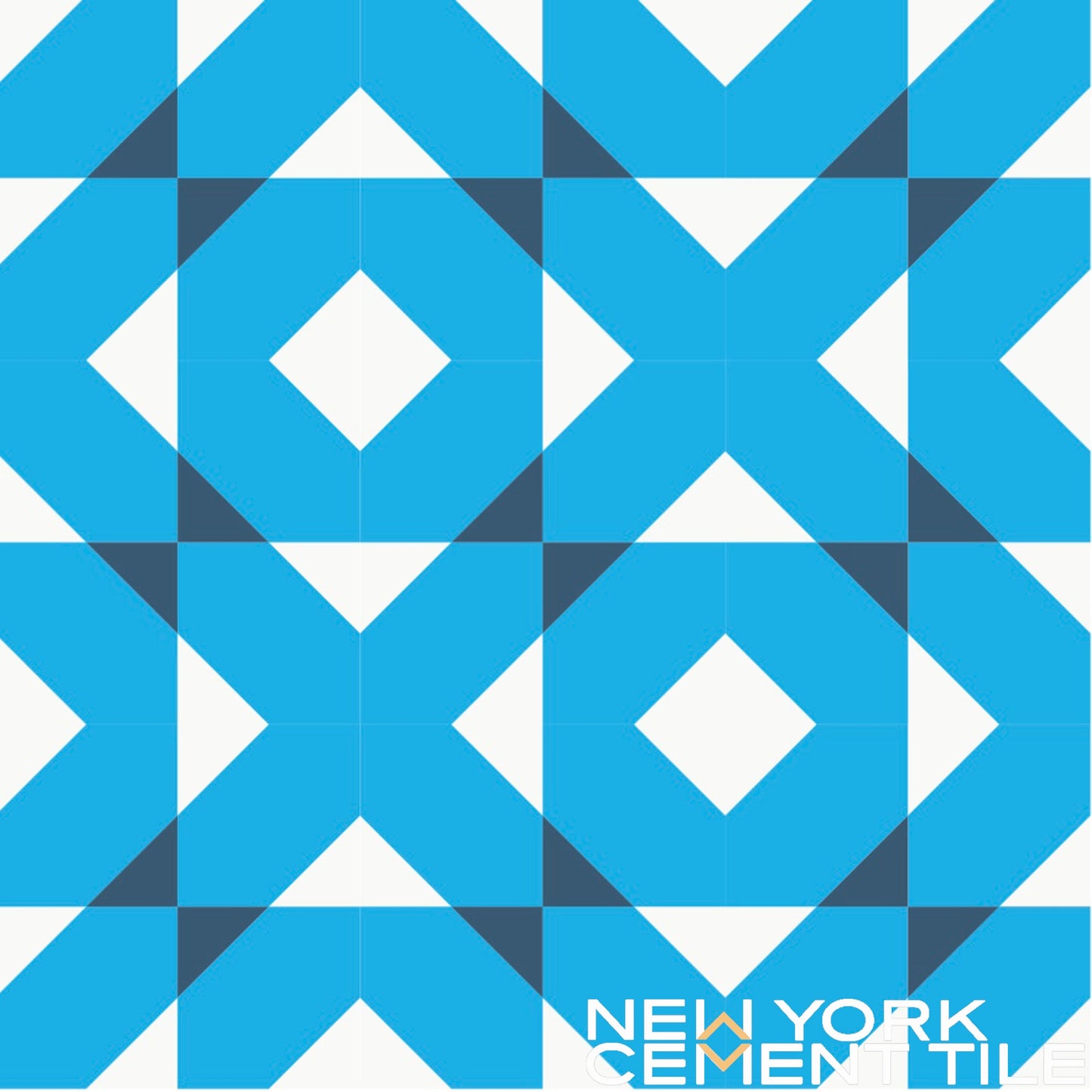 Blue geometric tile pattern, NL20-4C sample by New York Cement Tile; diamonds and X shapes, logo bottom right.