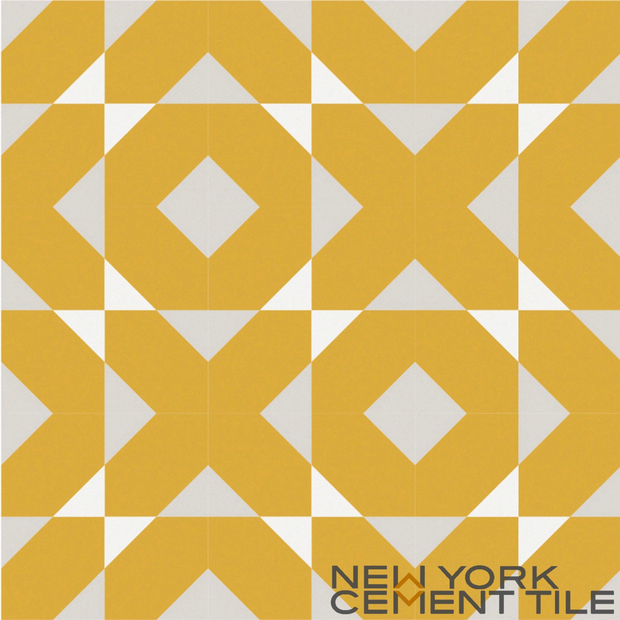 Geometric yellow and white tile pattern, NL20-4D Sample by New York Cement Tile in the corner.