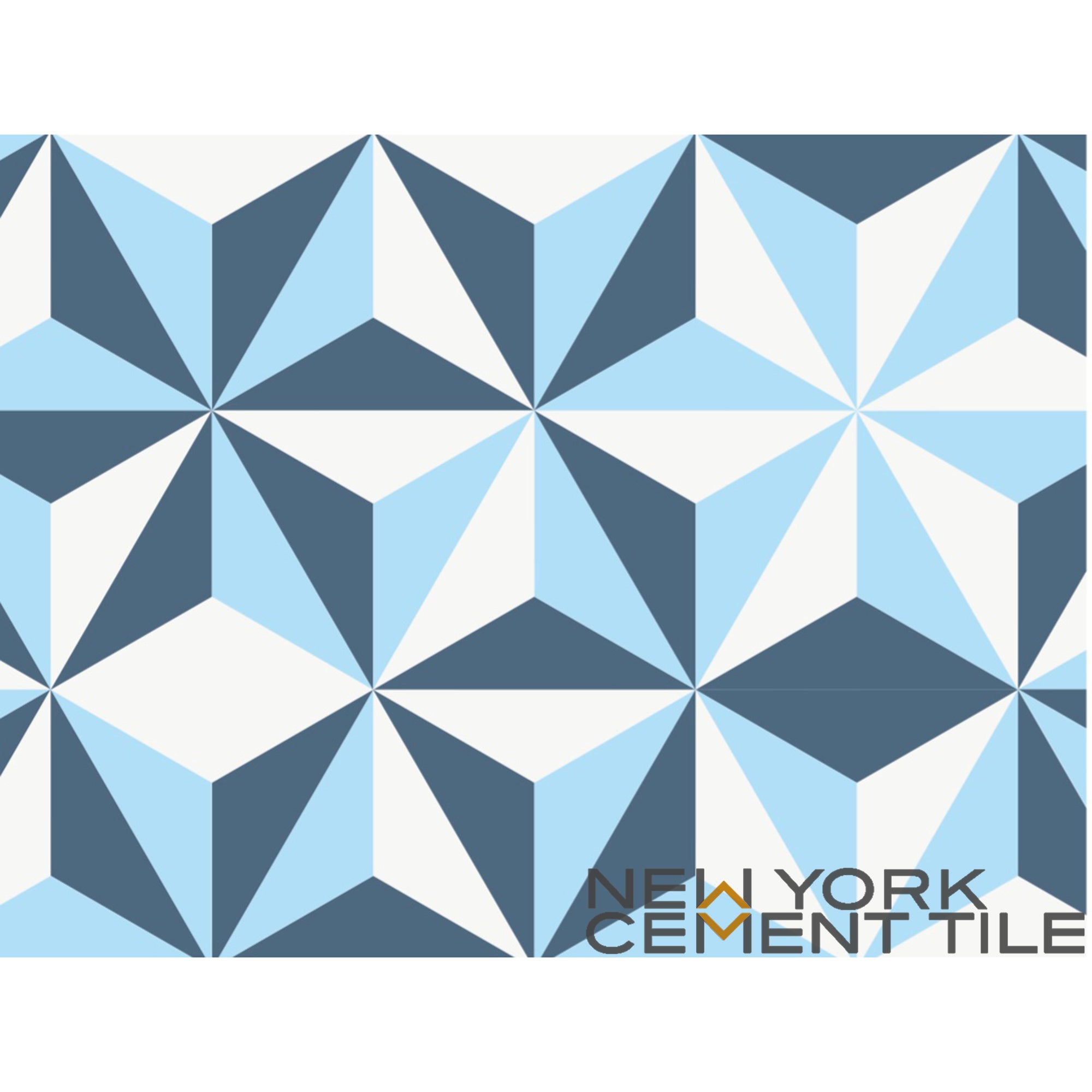Blue and white 3D cube triangle pattern from New York Cement Tile's NLT-9, Geometrika collection.