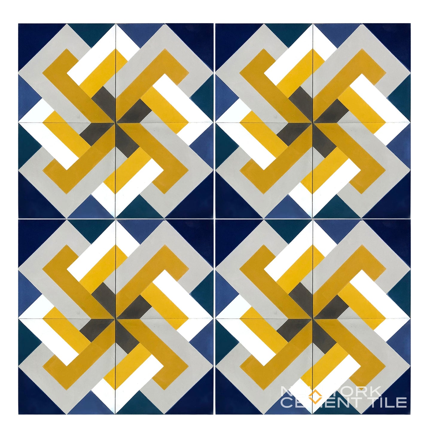 Symmetrical geometric pattern in yellow, gray, and navy on New York Cement Tile’s NL20-1A, Sample from Geometrika.