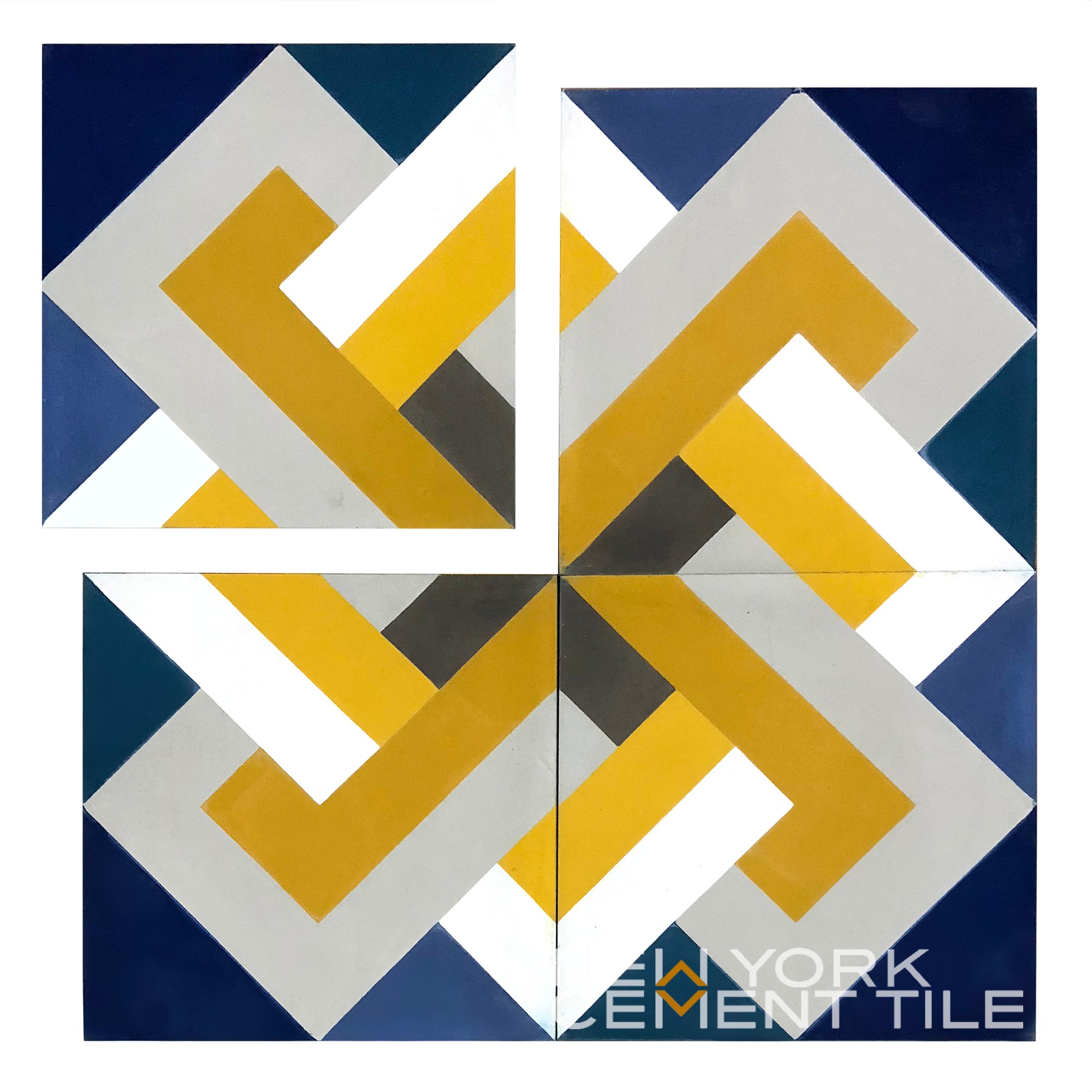 NL20-1A by New York Cement Tile features four geometric tiles in yellow, white, gray, and blue interlocking patterns.